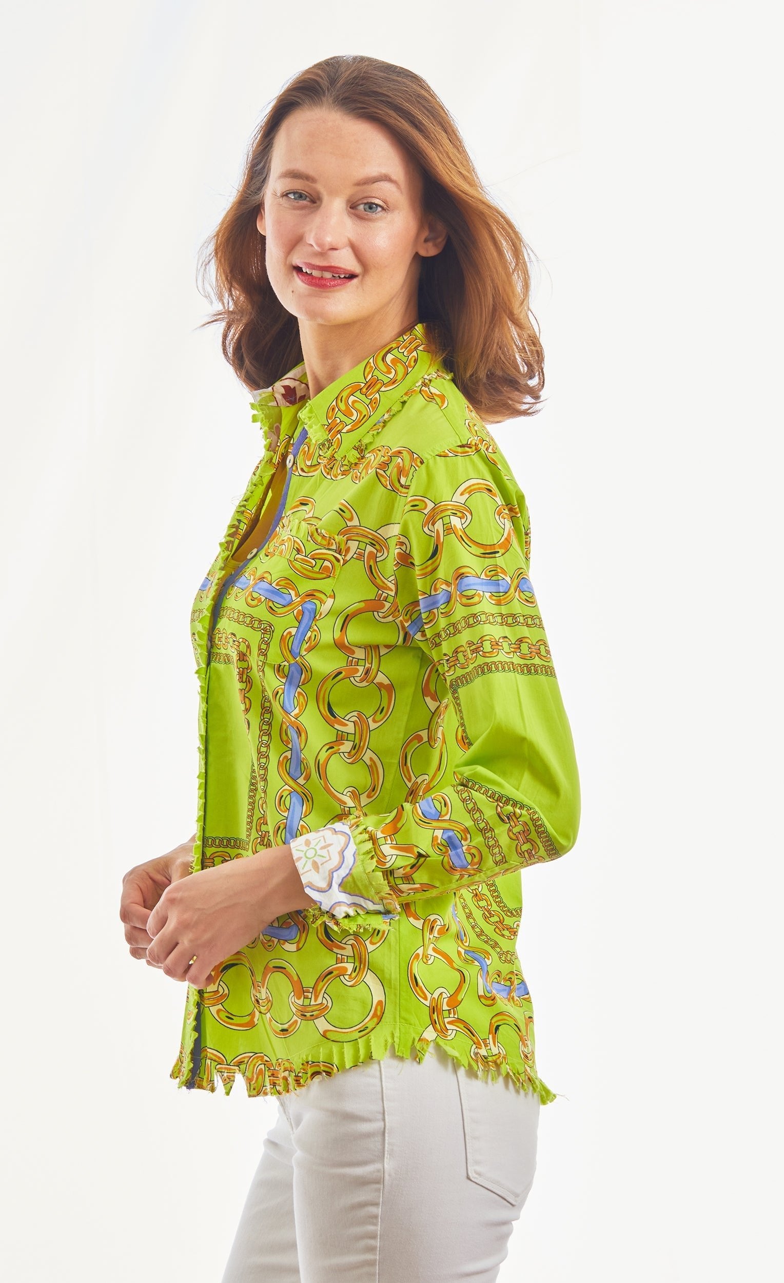 Dizzy Lizzie | Cape Cod Acid Green And Navy Links Cotton Stretch | Cloister Collection | TOPS