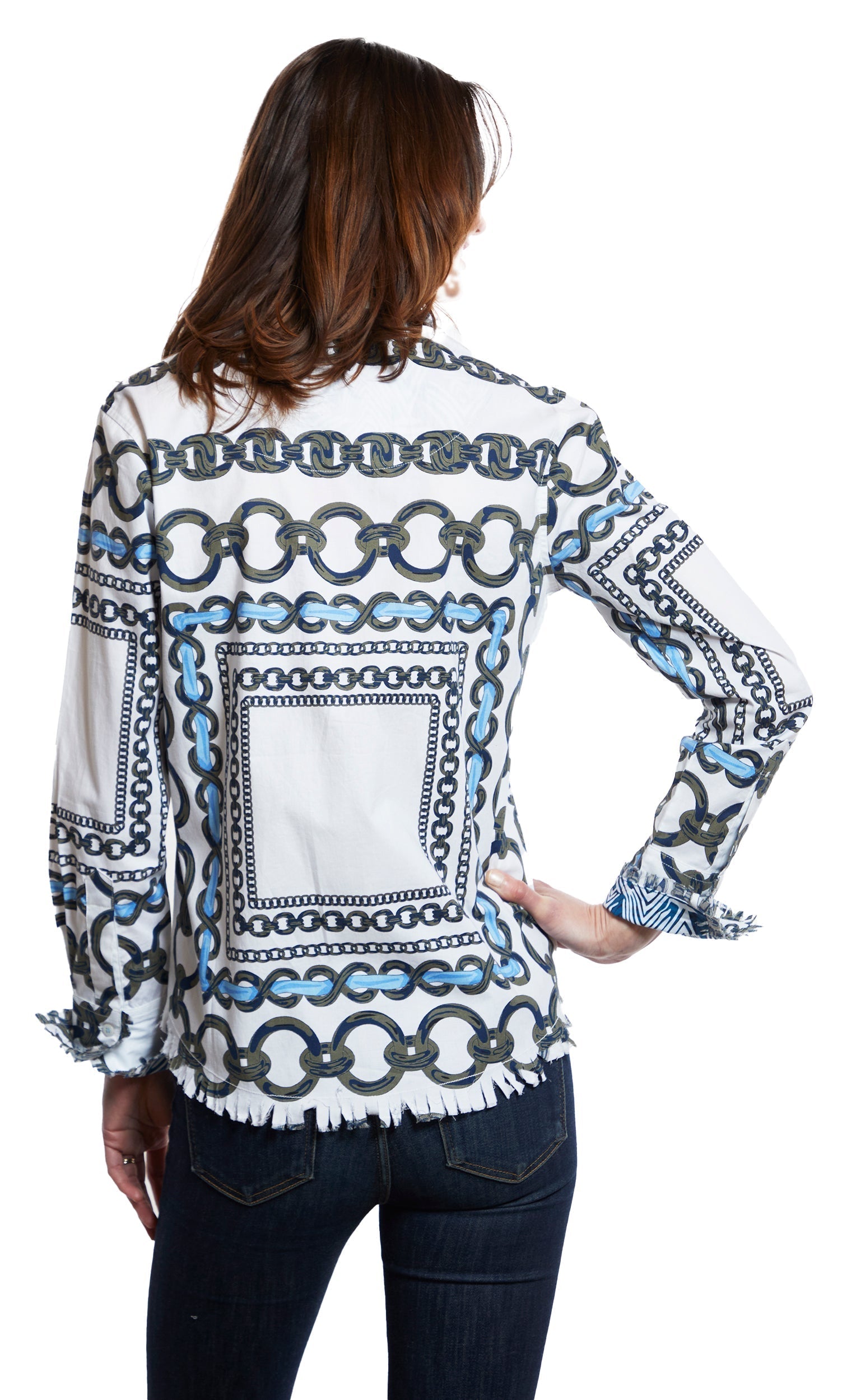 Dizzy Lizzie | Cape Cod Tunic Olive Green And Navy Link Print | Cloister Collection | TOPS