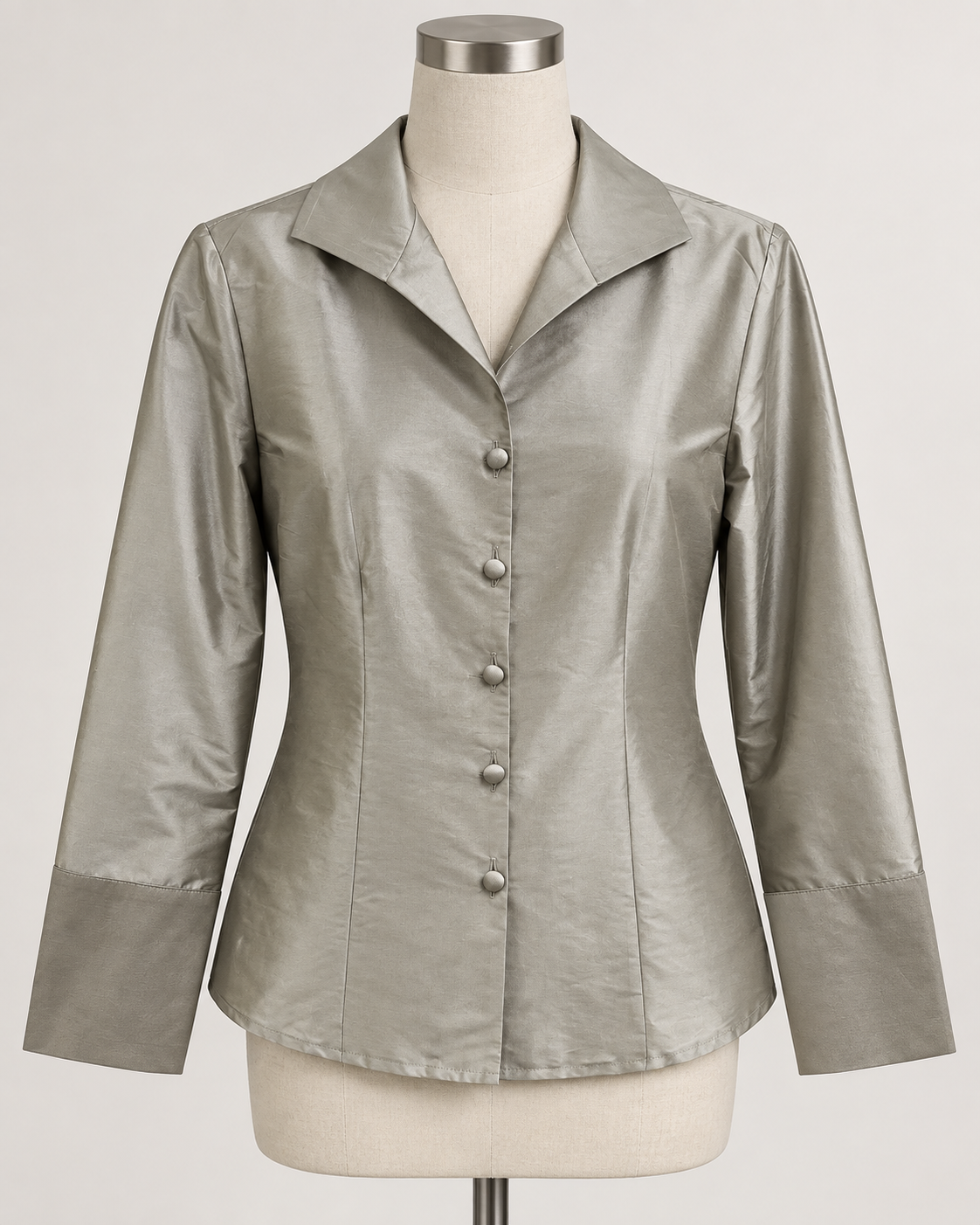 A woman modeling a silver pewter satin button-down shirt connie roberson Classic Blouse - Amazon