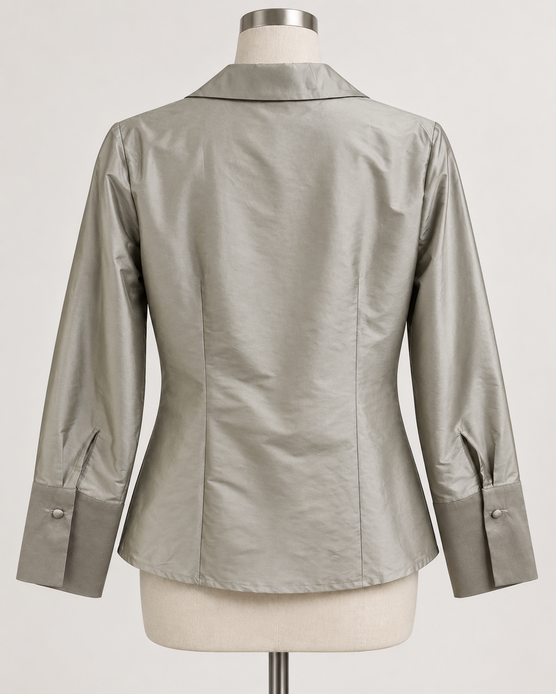 A woman modeling a silver pewter satin button-down shirt connie roberson Classic Blouse - Amazon