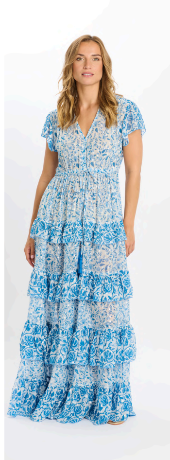 Woman wearing a blue floral dress on a white background