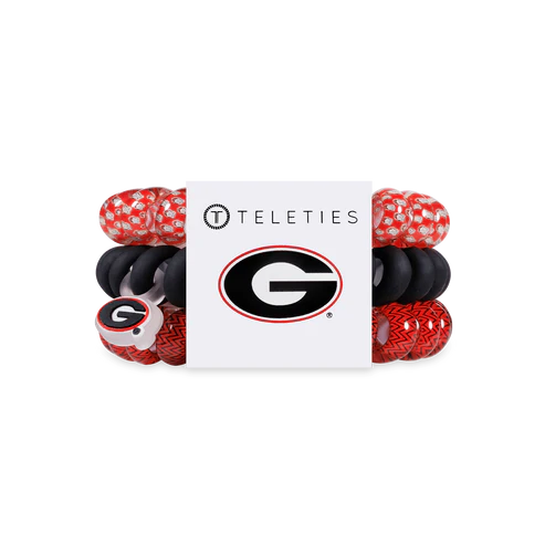 Set of hair ties with a brand logo on a white background