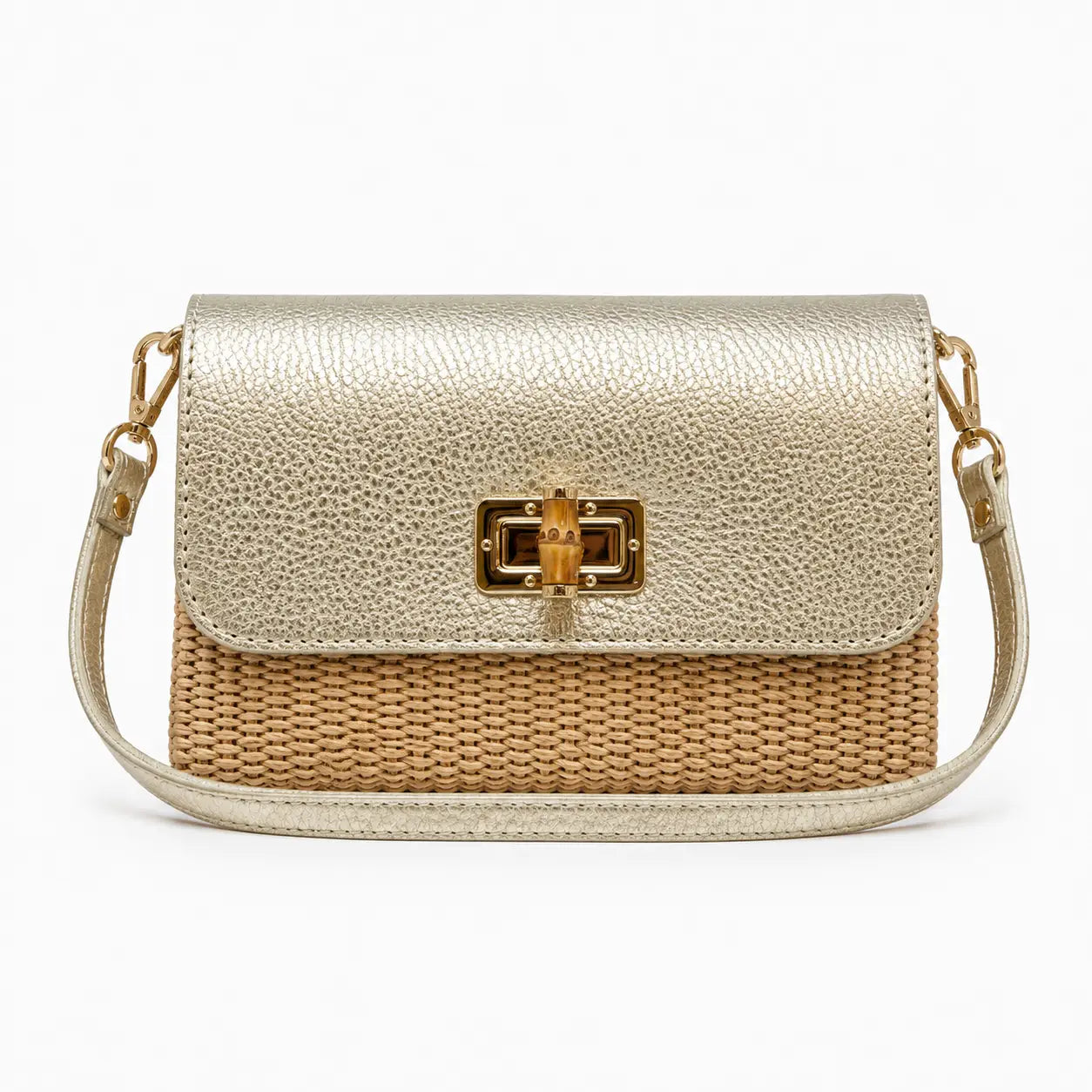 Gold Leather Bamboo Clasp & Raffia Crossbody Bag