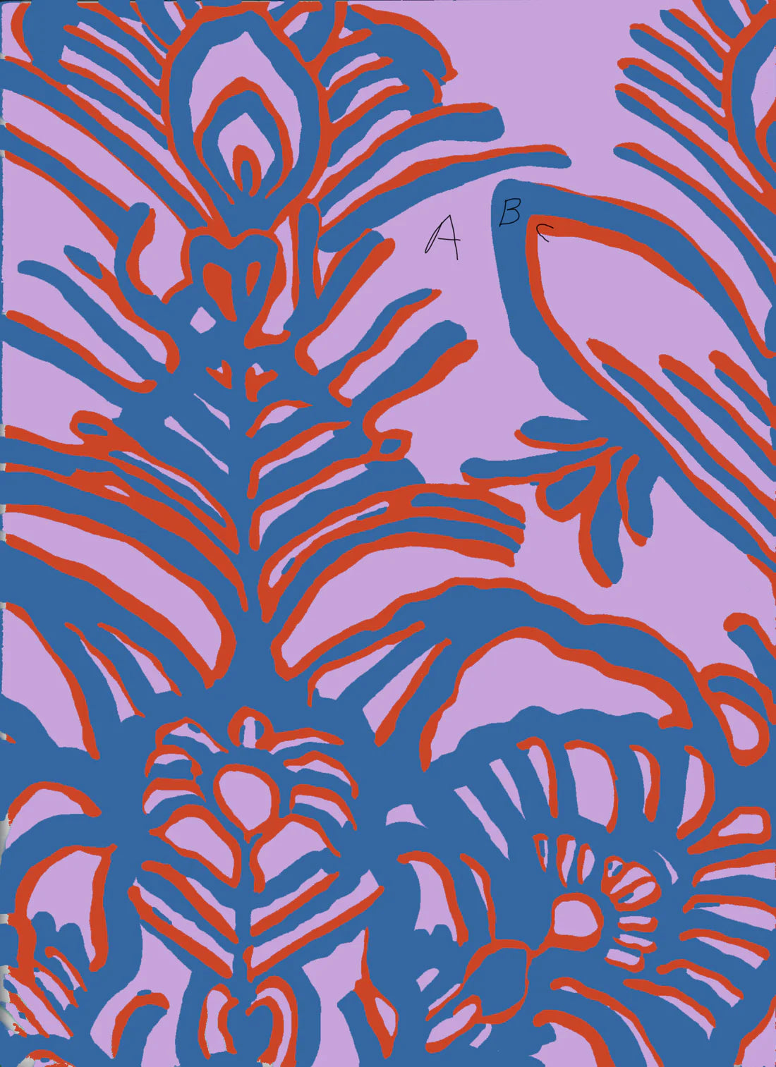 Abstract pattern with blue and red shapes on a purple background