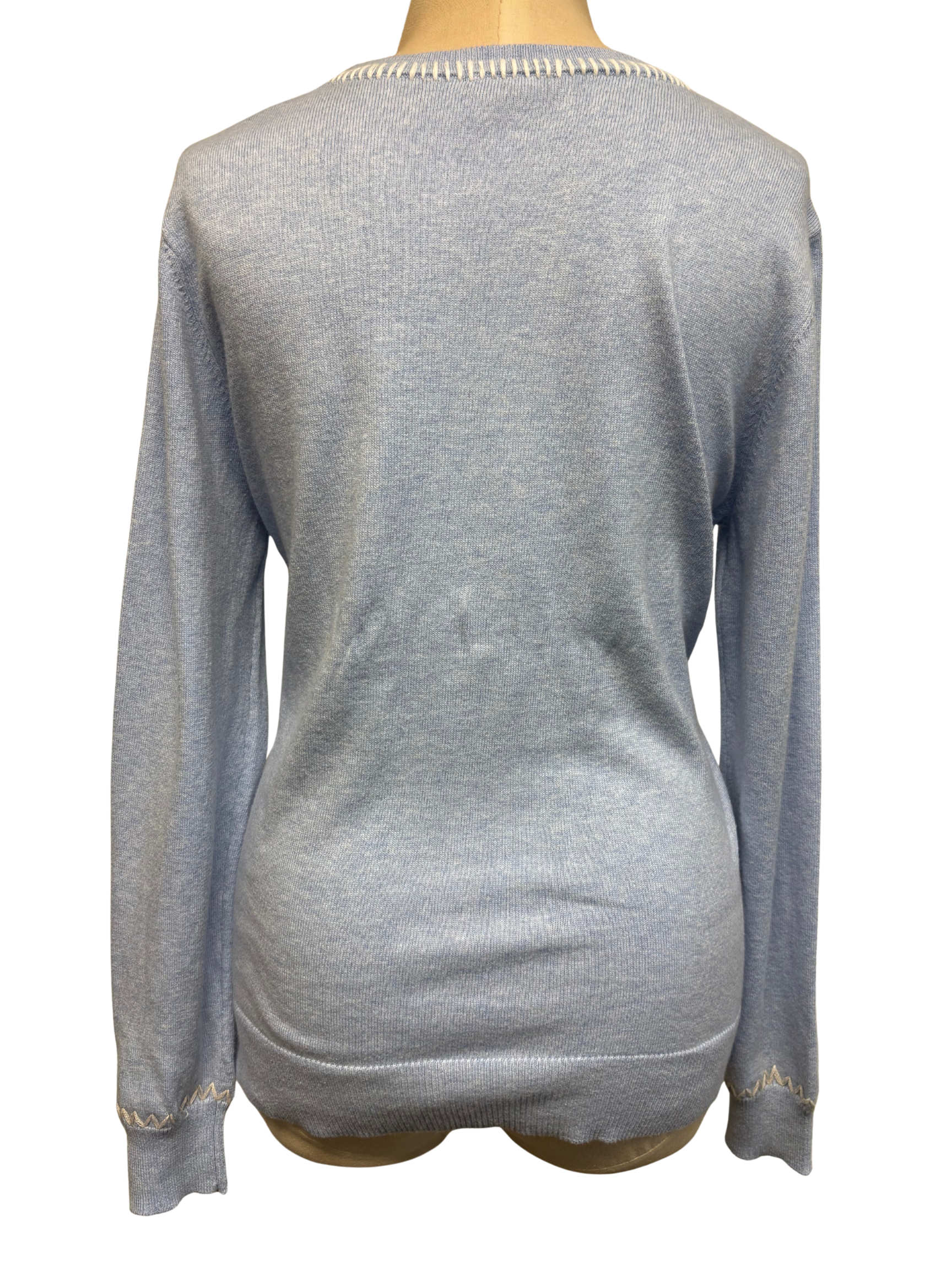 Light blue sweater with white stiching on a mannequin with a white background