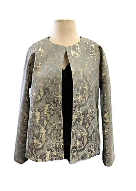 Textured jacket on a mannequin against a white background