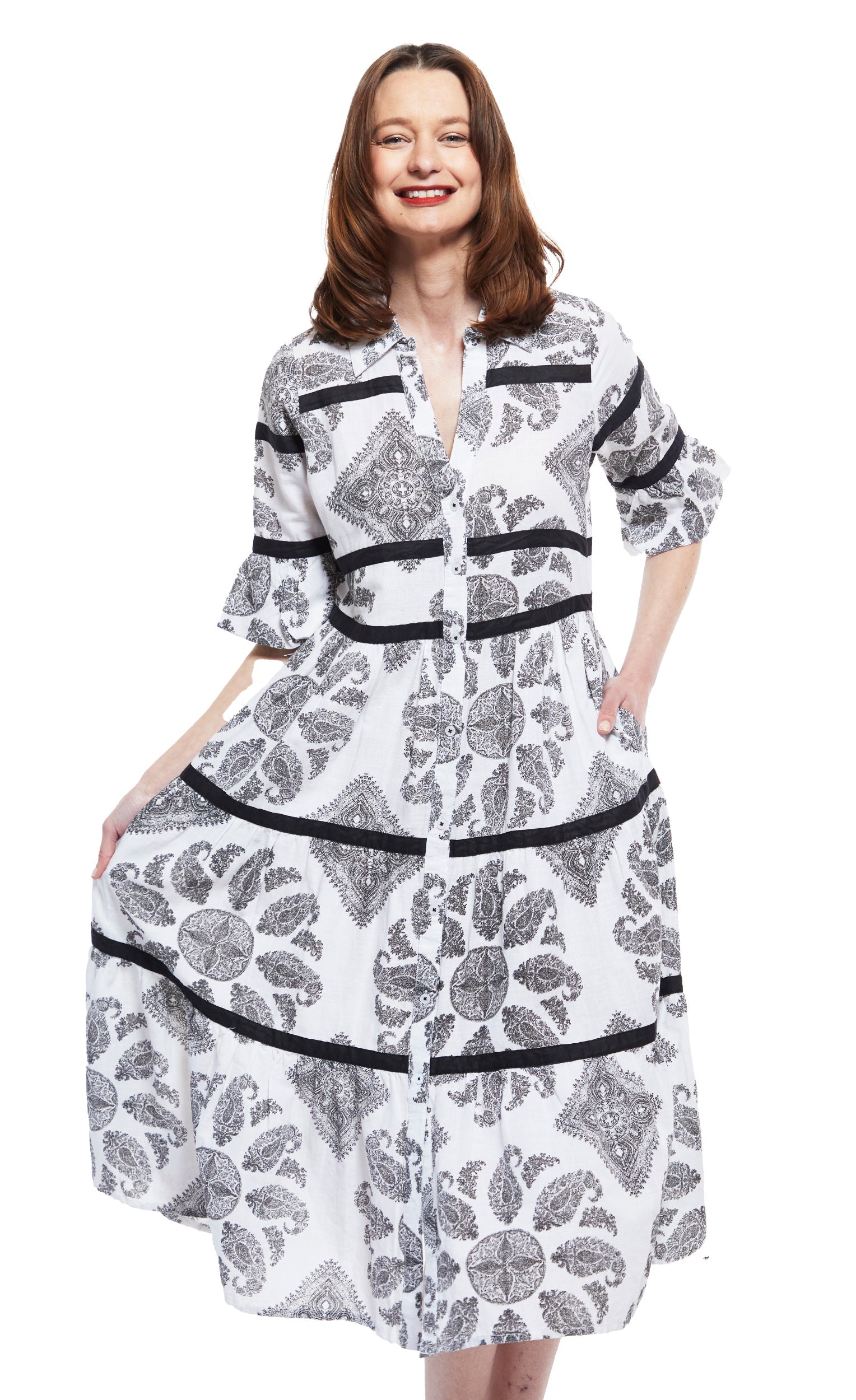 Dizzy Lizzie | Miami Style Midi with Flounce And Black Ribbons Black White Paisley | Cloister Collection | DRESSES