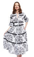 Dizzy Lizzie | Miami Style Midi with Flounce And Black Ribbons Black White Paisley | Cloister Collection | DRESSES