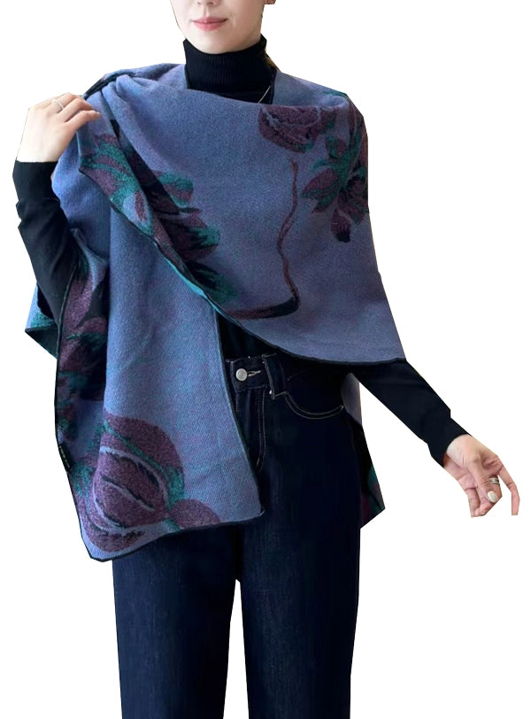 Person wearing a purple floral-patterned scarf on a white background