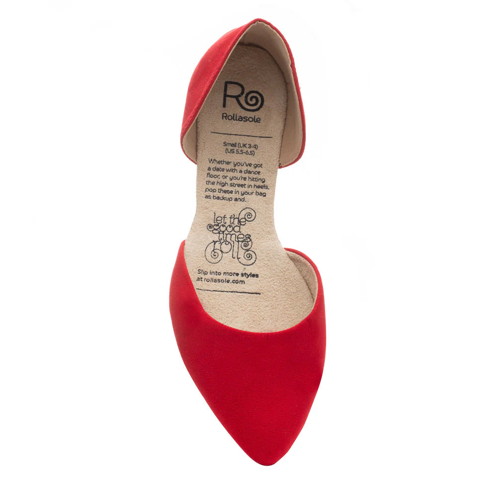 Red pointed-toe shoe with visible brand logo on a white background