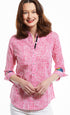 Dizzy Lizzie | Rome Shirt 3/4 Sleeve in Fuschia with White Criss Cross Print | Cloister Collection | SHIRT