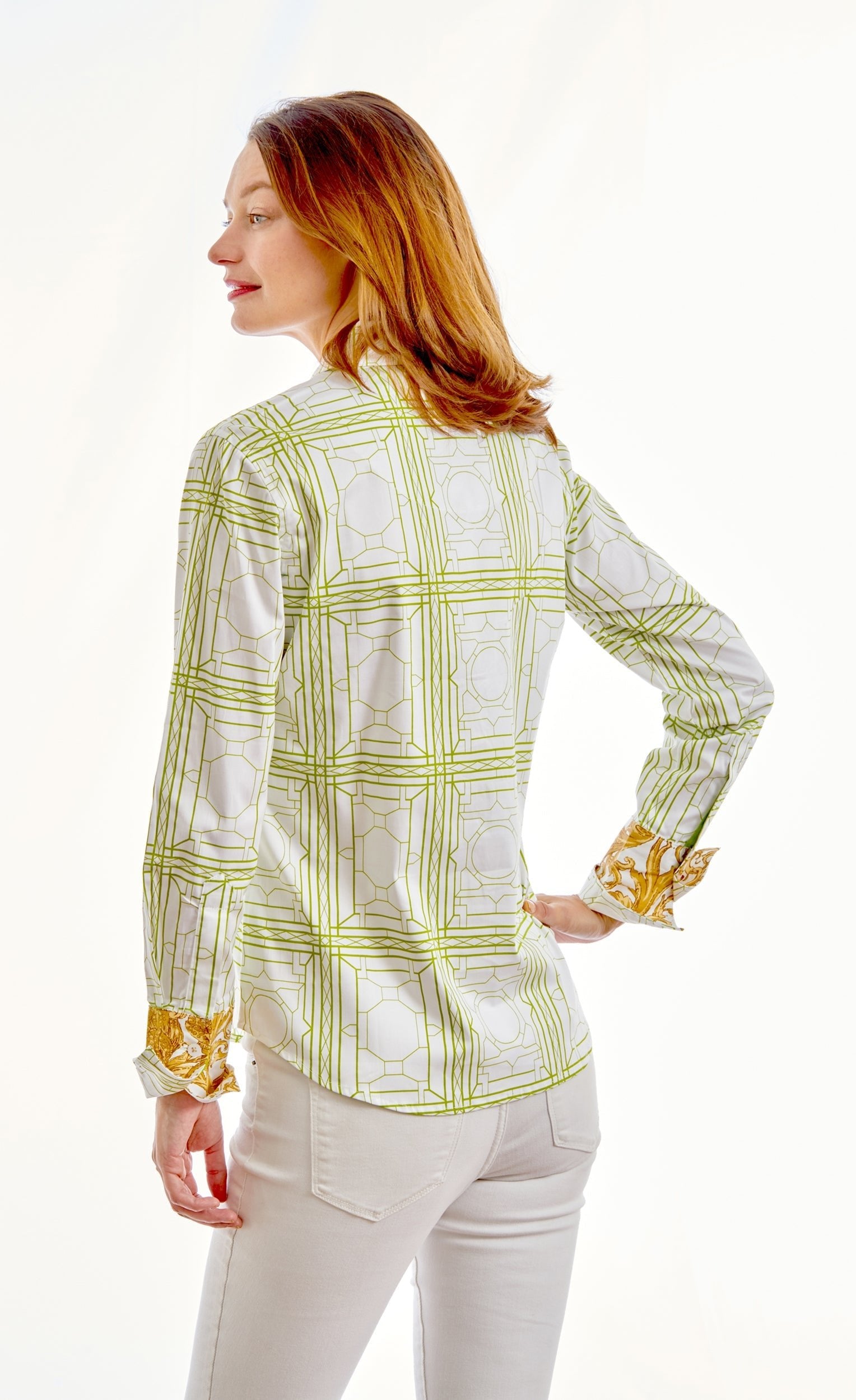 Dizzy Lizzie | Rome Shirt Green White Geo | Cloister Collection | TOPS