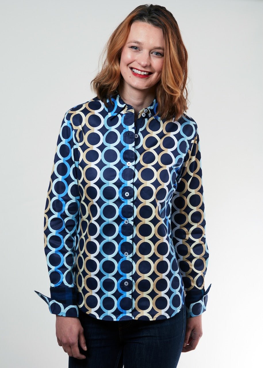 Dizzy Lizzie | Rome Shirt Navy Ground Olympic Print | Cloister Collection | SHIRT