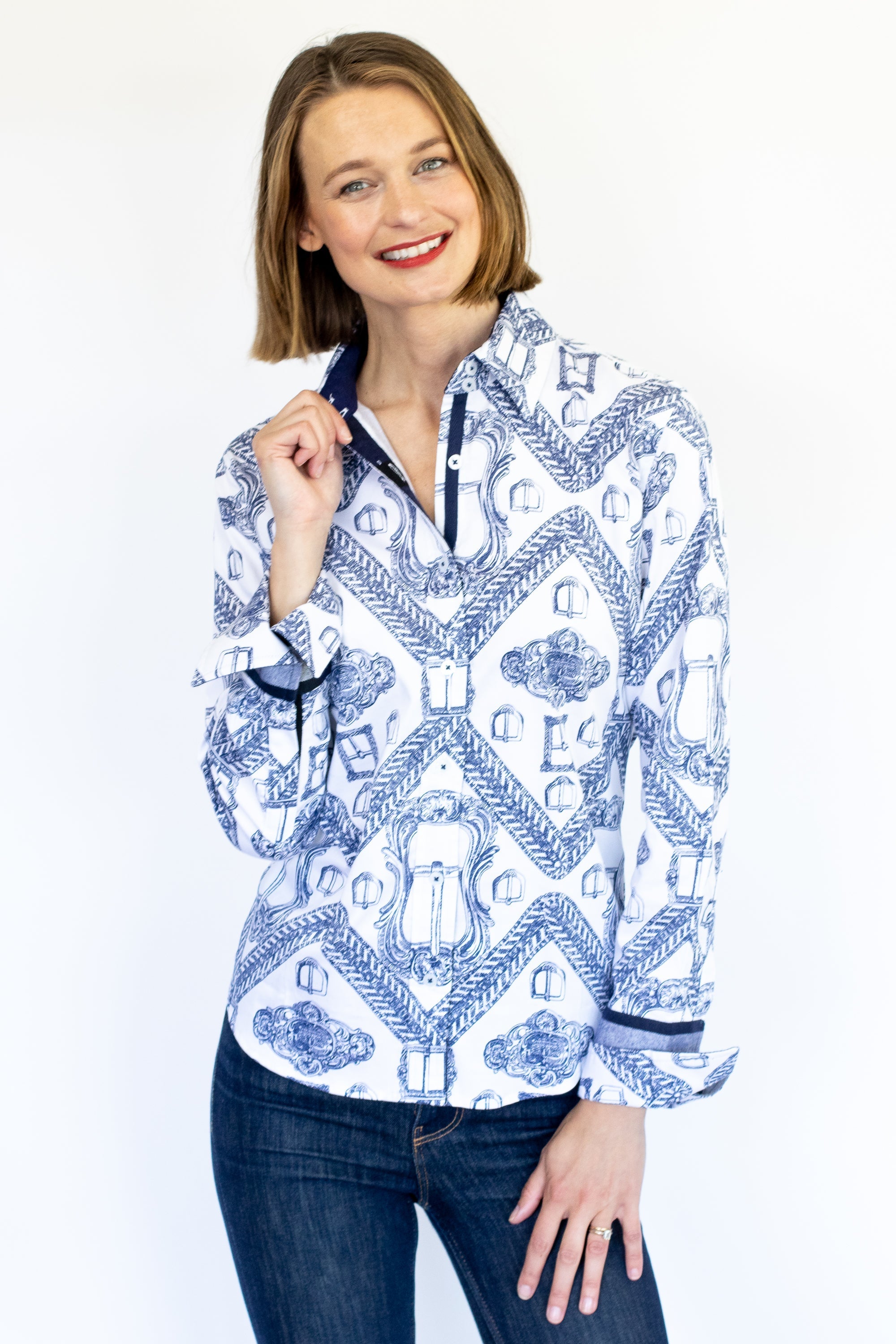 Dizzy Lizzie | Rome Shirt Oversized Buckle Print Indigo and White | Cloister Collection | SHIRTS