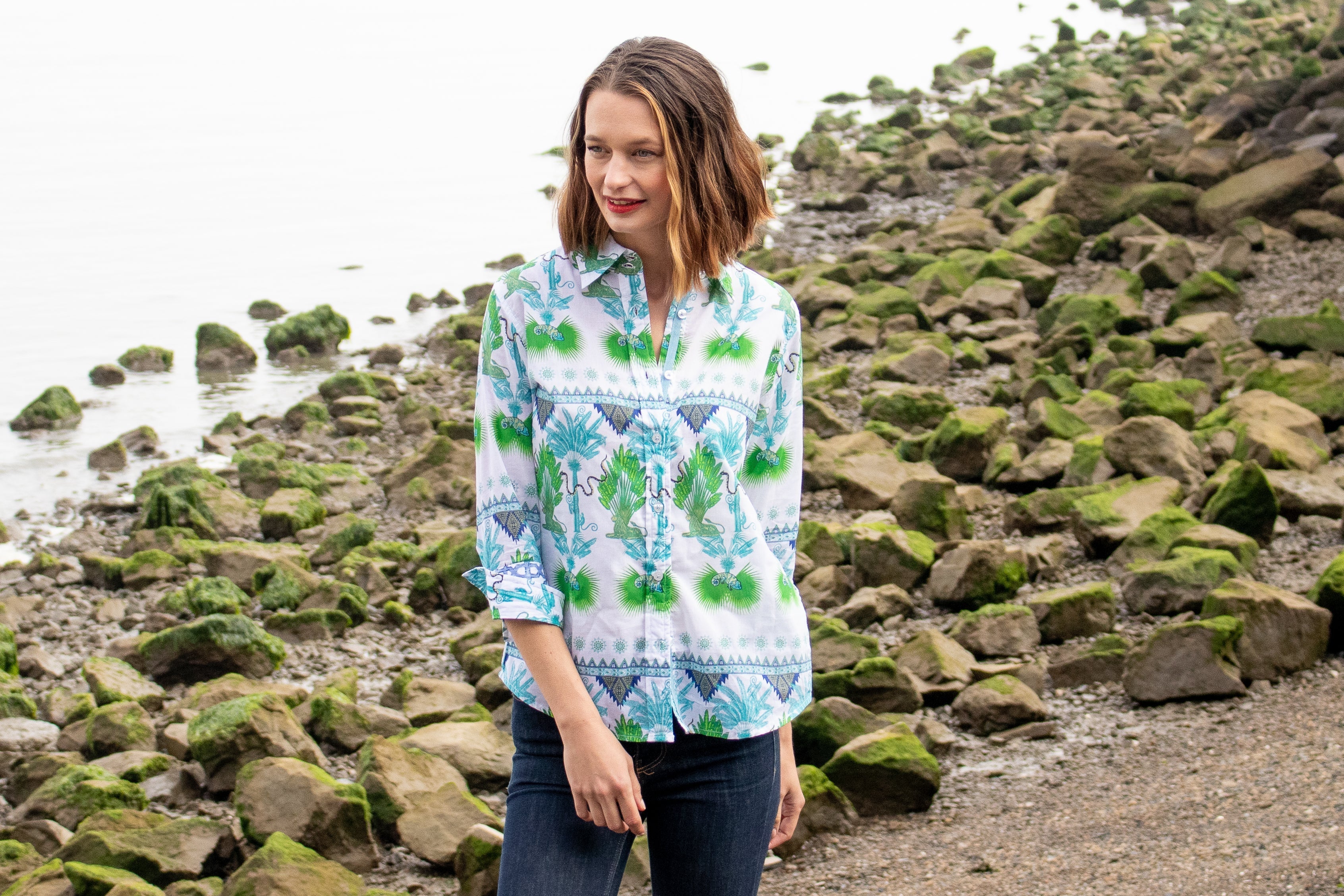 Dizzy Lizzie | Rome Shirt with 3/4 Sleeve Multi Palm Trees | Cloister Collection | SHIRTS
