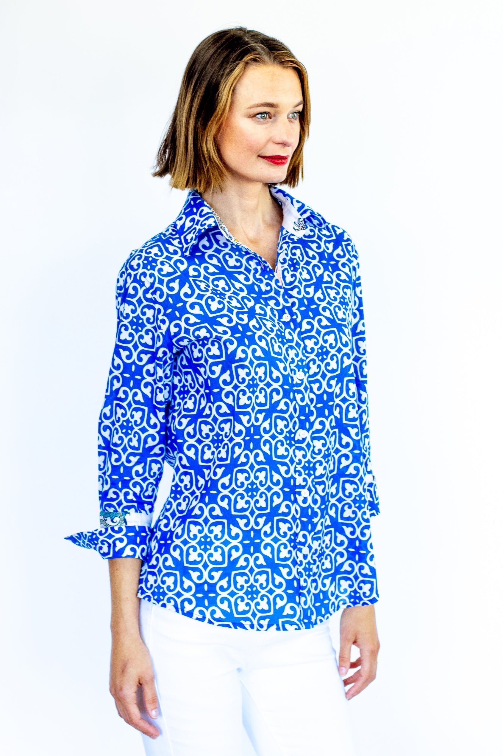Dizzy Lizzie | Rome Shirt with 3/4 Sleeves Cobalt Blue & White Geometric Print | Cloister Collection | SHIRTS