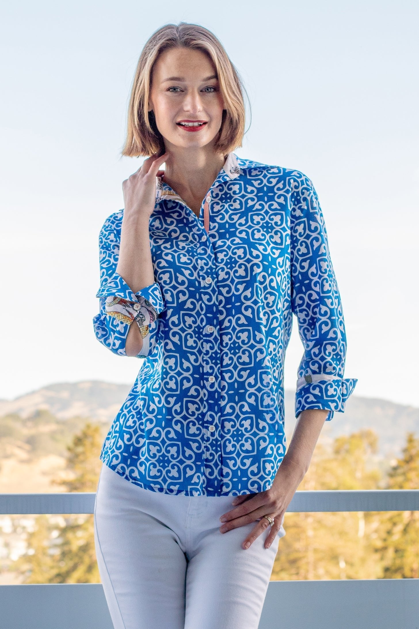 Dizzy Lizzie | Rome Shirt with 3/4 Sleeves Cobalt Blue & White Geometric Print | Cloister Collection | SHIRTS