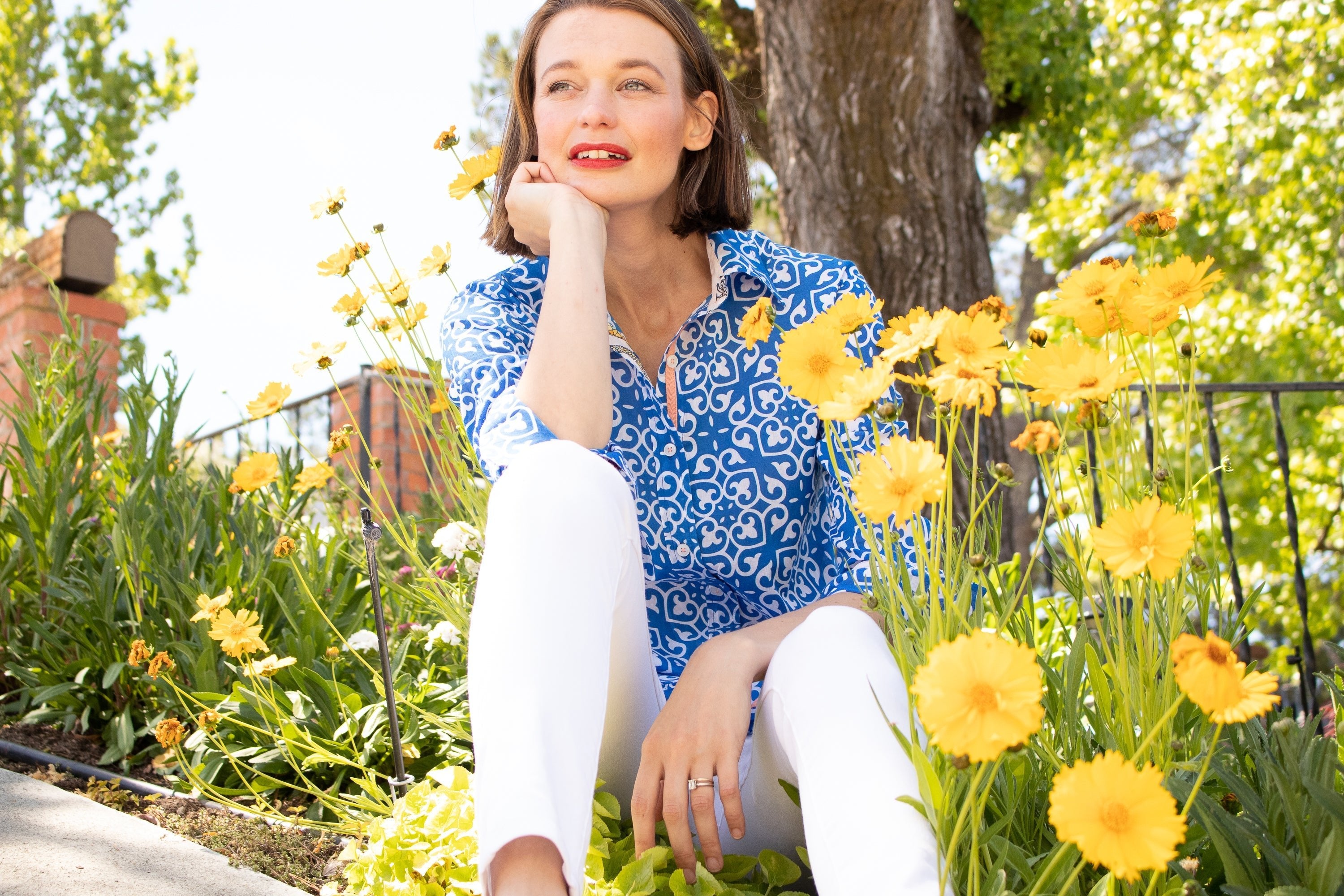 Dizzy Lizzie | Rome Shirt with 3/4 Sleeves Cobalt Blue & White Geometric Print | Cloister Collection | SHIRTS
