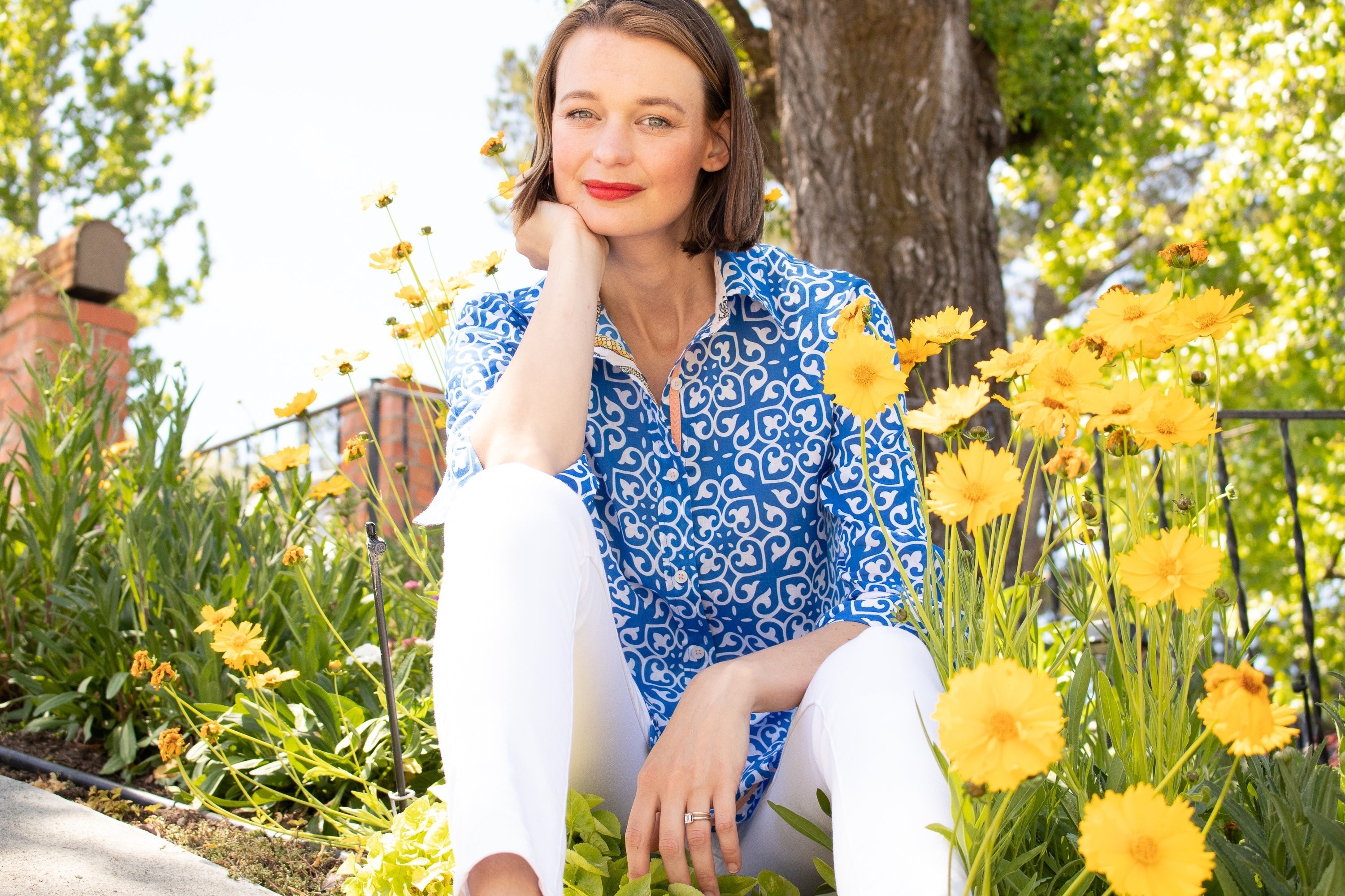 Dizzy Lizzie | Rome Shirt with 3/4 Sleeves Cobalt Blue & White Geometric Print | Cloister Collection | SHIRTS