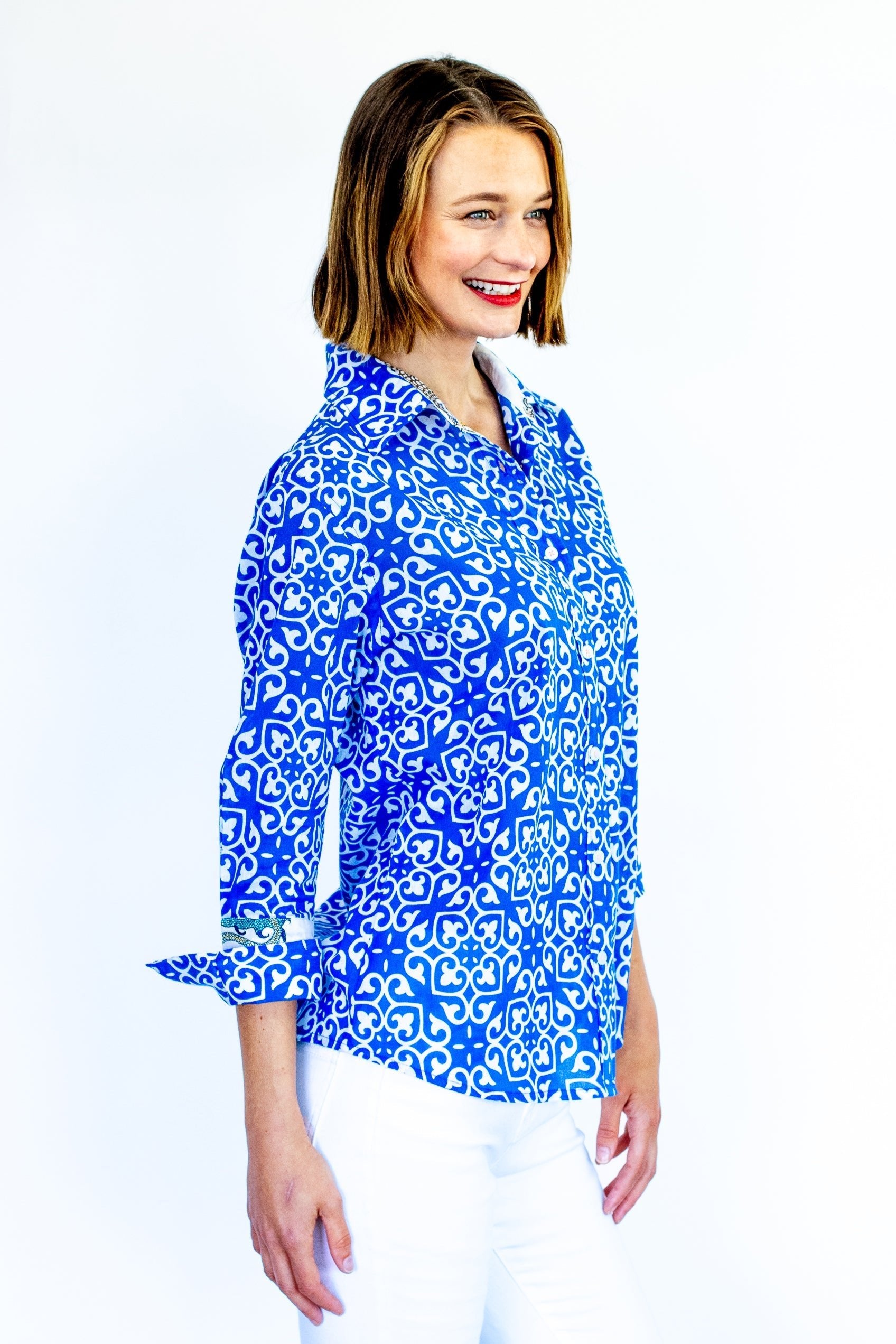 Dizzy Lizzie | Rome Shirt with 3/4 Sleeves Cobalt Blue & White Geometric Print | Cloister Collection | SHIRTS