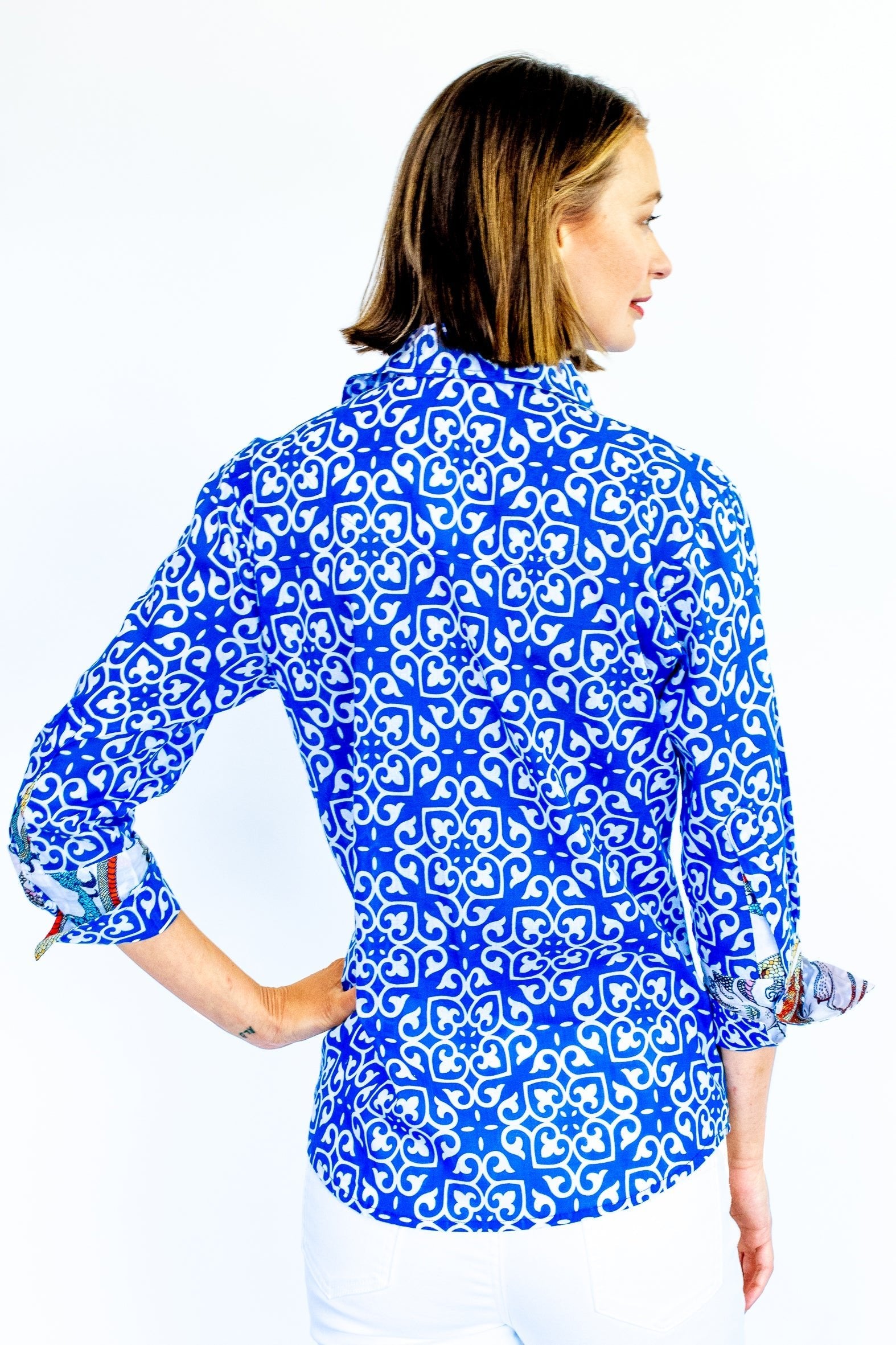 Dizzy Lizzie | Rome Shirt with 3/4 Sleeves Cobalt Blue & White Geometric Print | Cloister Collection | SHIRTS