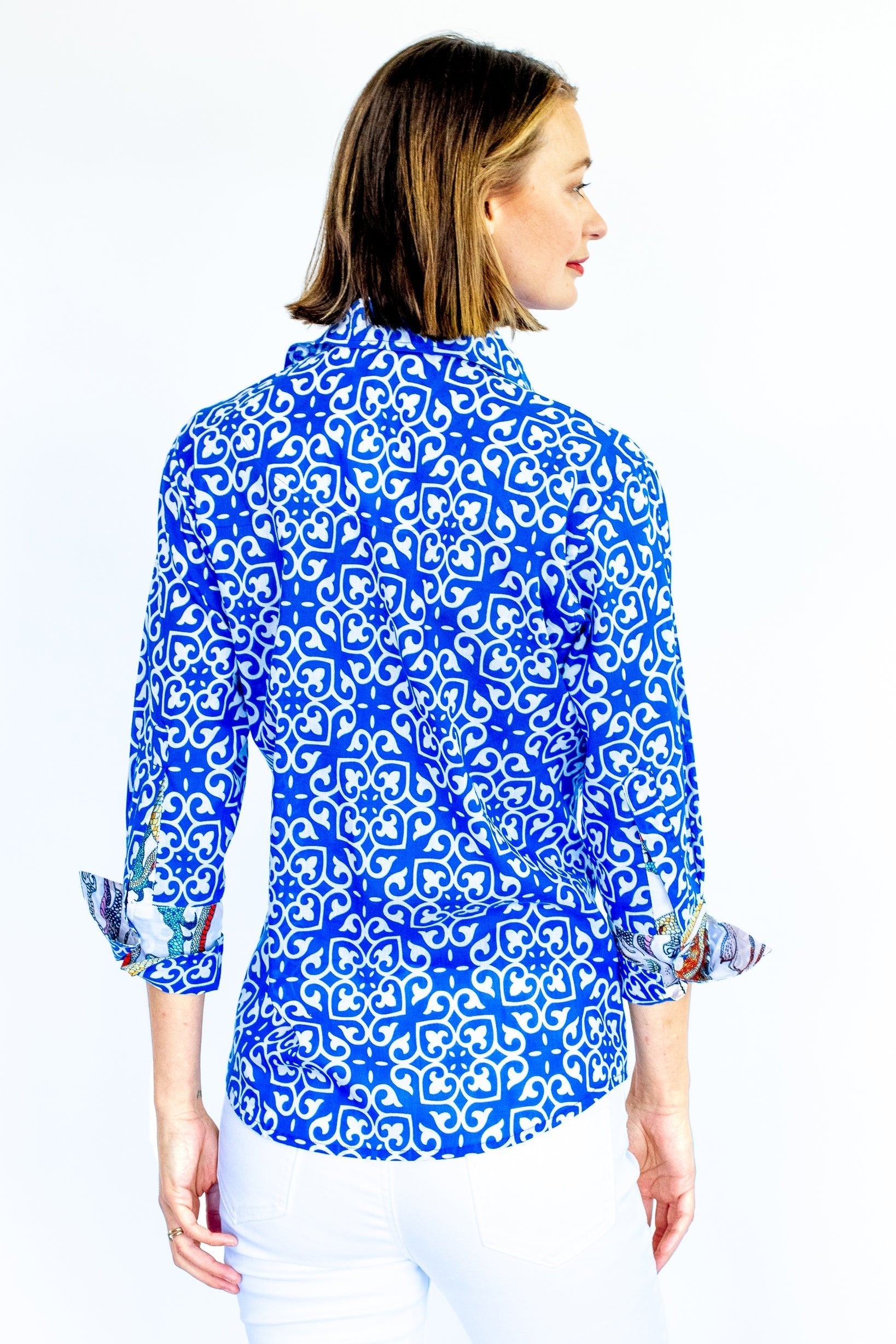 Dizzy Lizzie | Rome Shirt with 3/4 Sleeves Cobalt Blue & White Geometric Print | Cloister Collection | SHIRTS