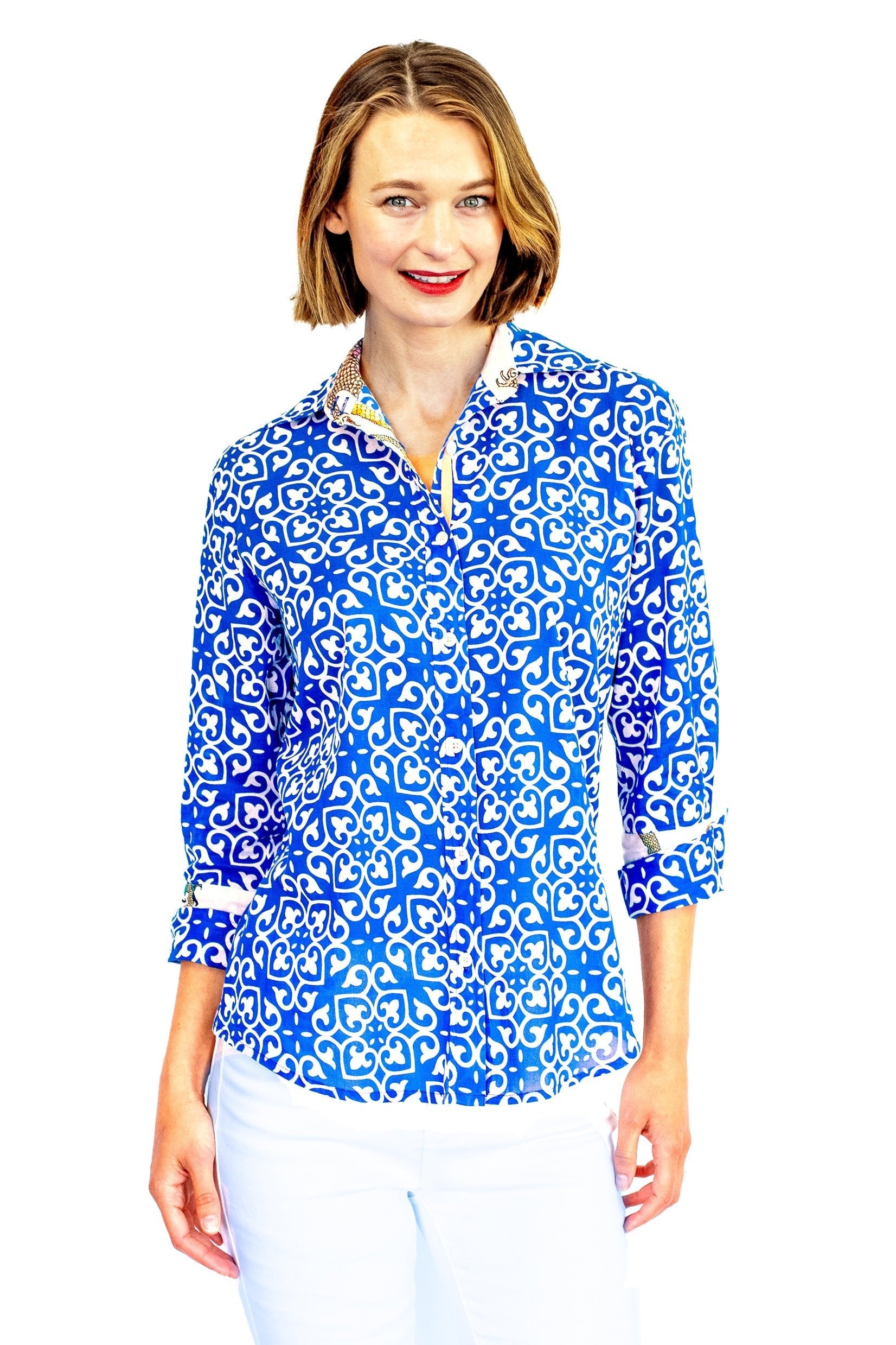 Dizzy Lizzie | Rome Shirt with 3/4 Sleeves Cobalt Blue & White Geometric Print | Cloister Collection | SHIRTS
