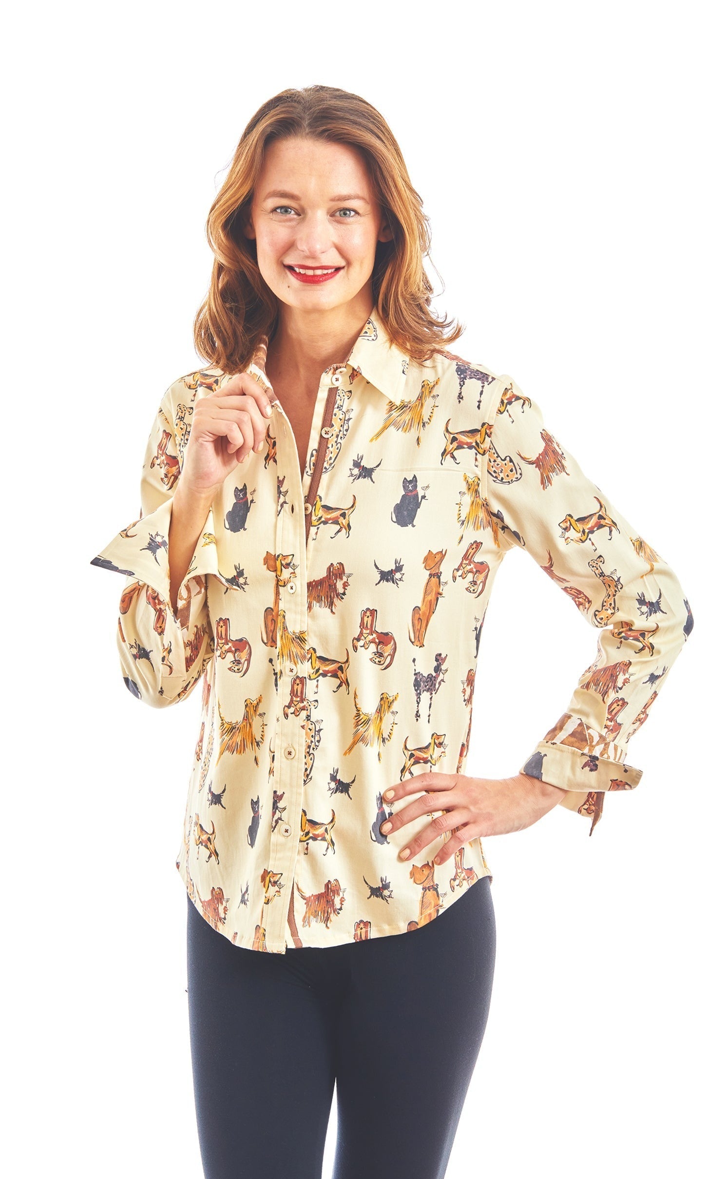 Dizzy Lizzie | Rome Shirt With Doggies And Kitties Sipping Cocktails | Cloister Collection | TOPS