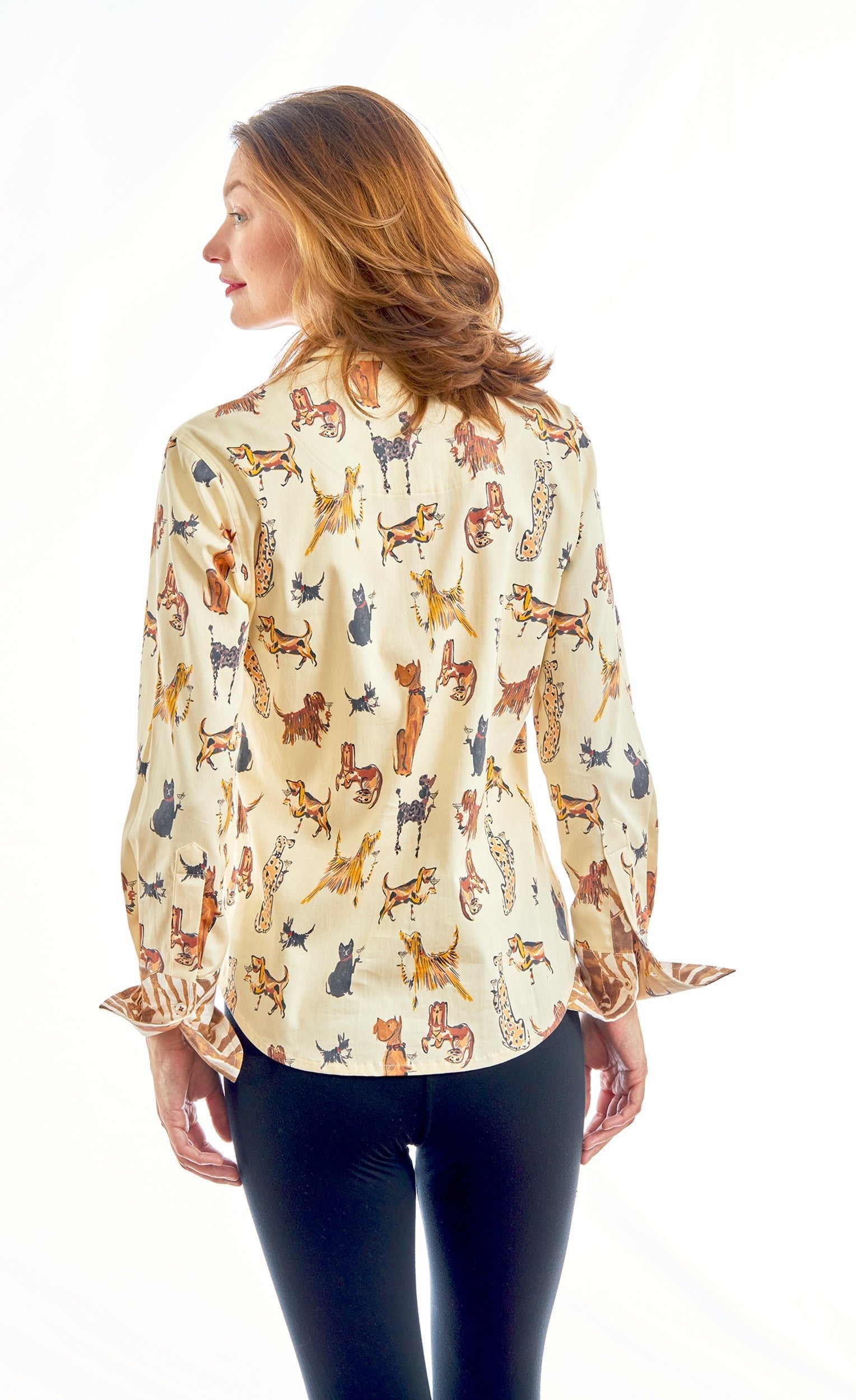 Dizzy Lizzie | Rome Shirt With Doggies And Kitties Sipping Cocktails | Cloister Collection | TOPS