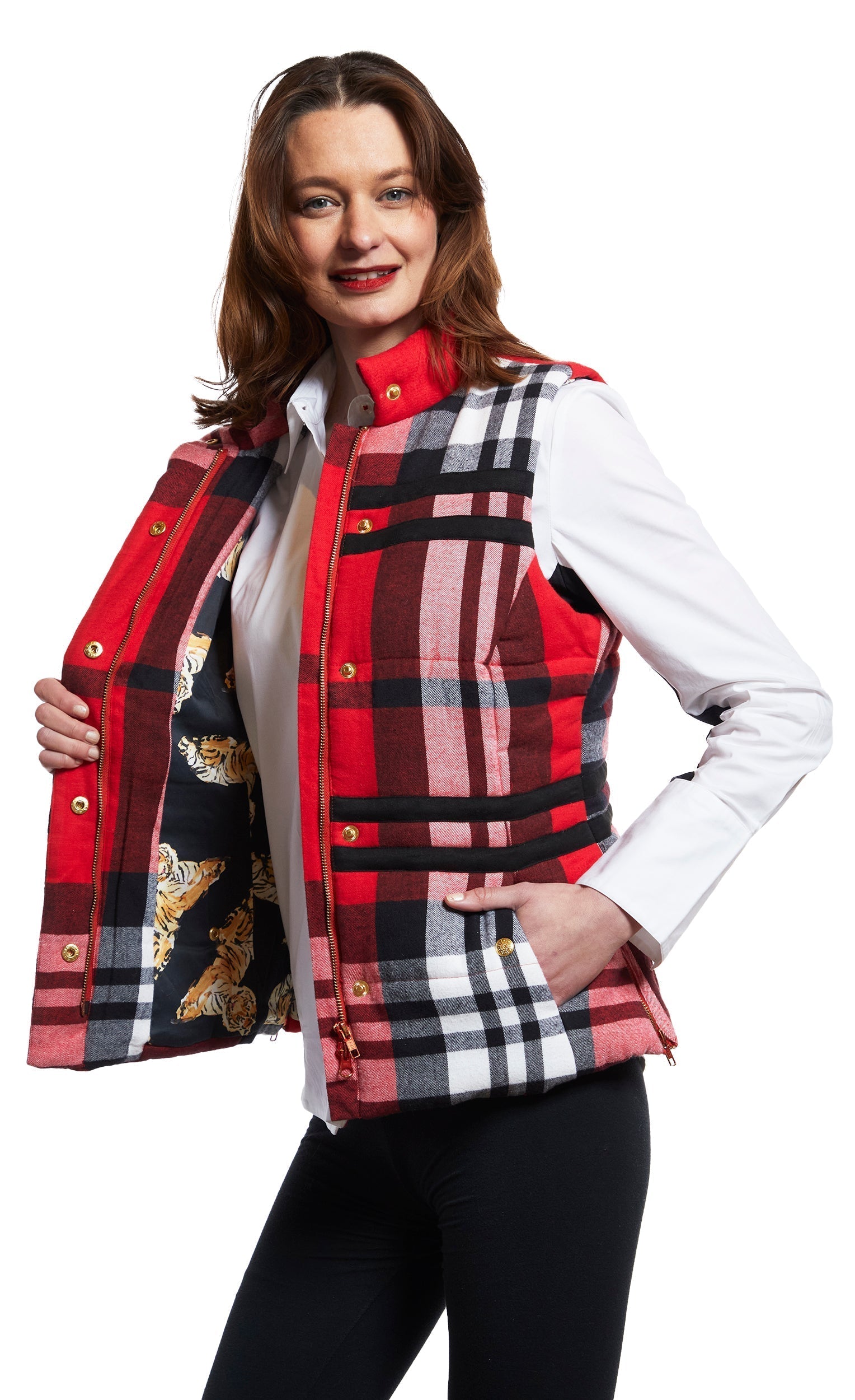 Dizzy Lizzie | Rosey Vest With Contrast Lining In Red Yarndyed Flannel Plaid | Cloister Collection | VESTS