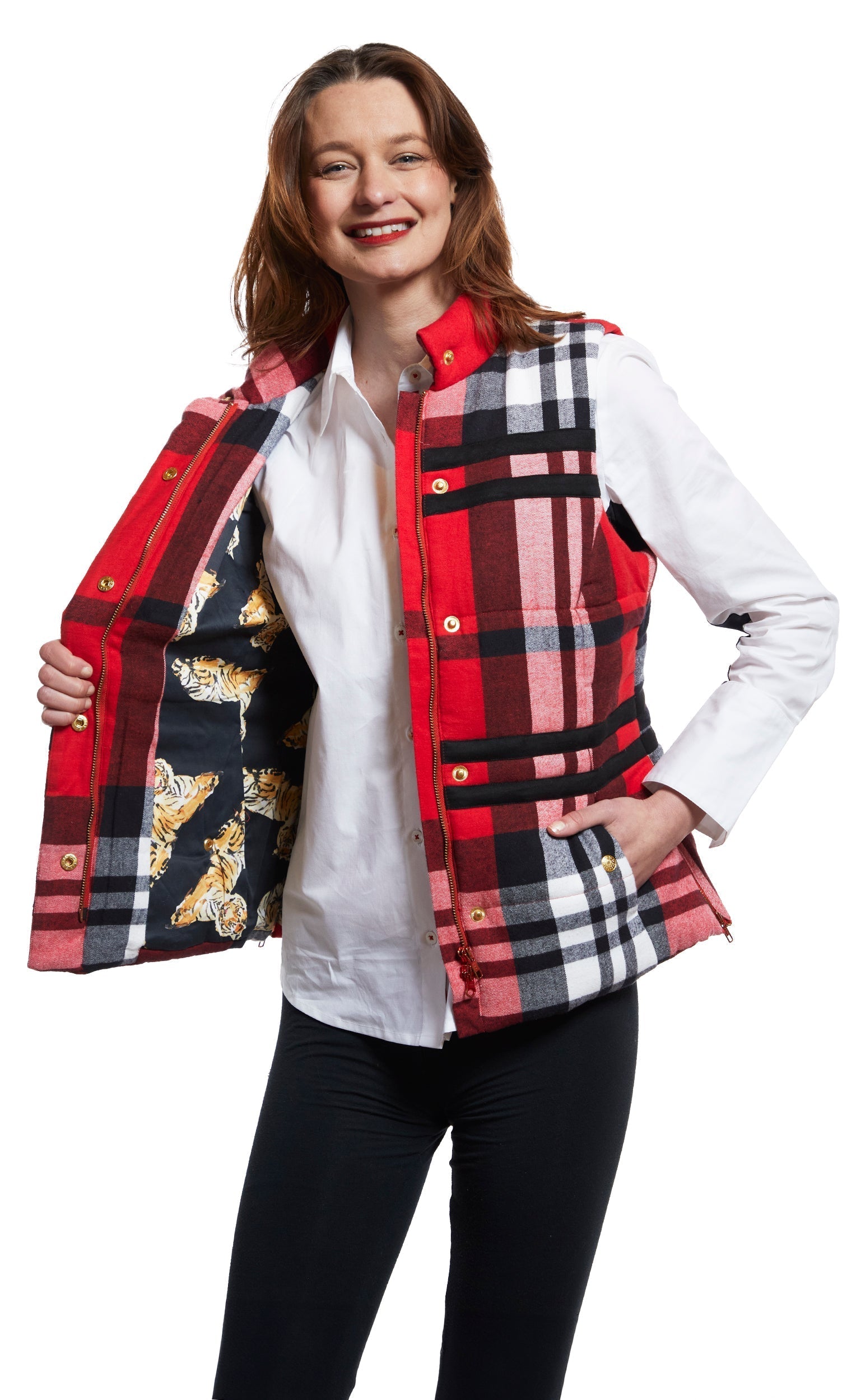 Dizzy Lizzie | Rosey Vest With Contrast Lining In Red Yarndyed Flannel Plaid | Cloister Collection | VESTS