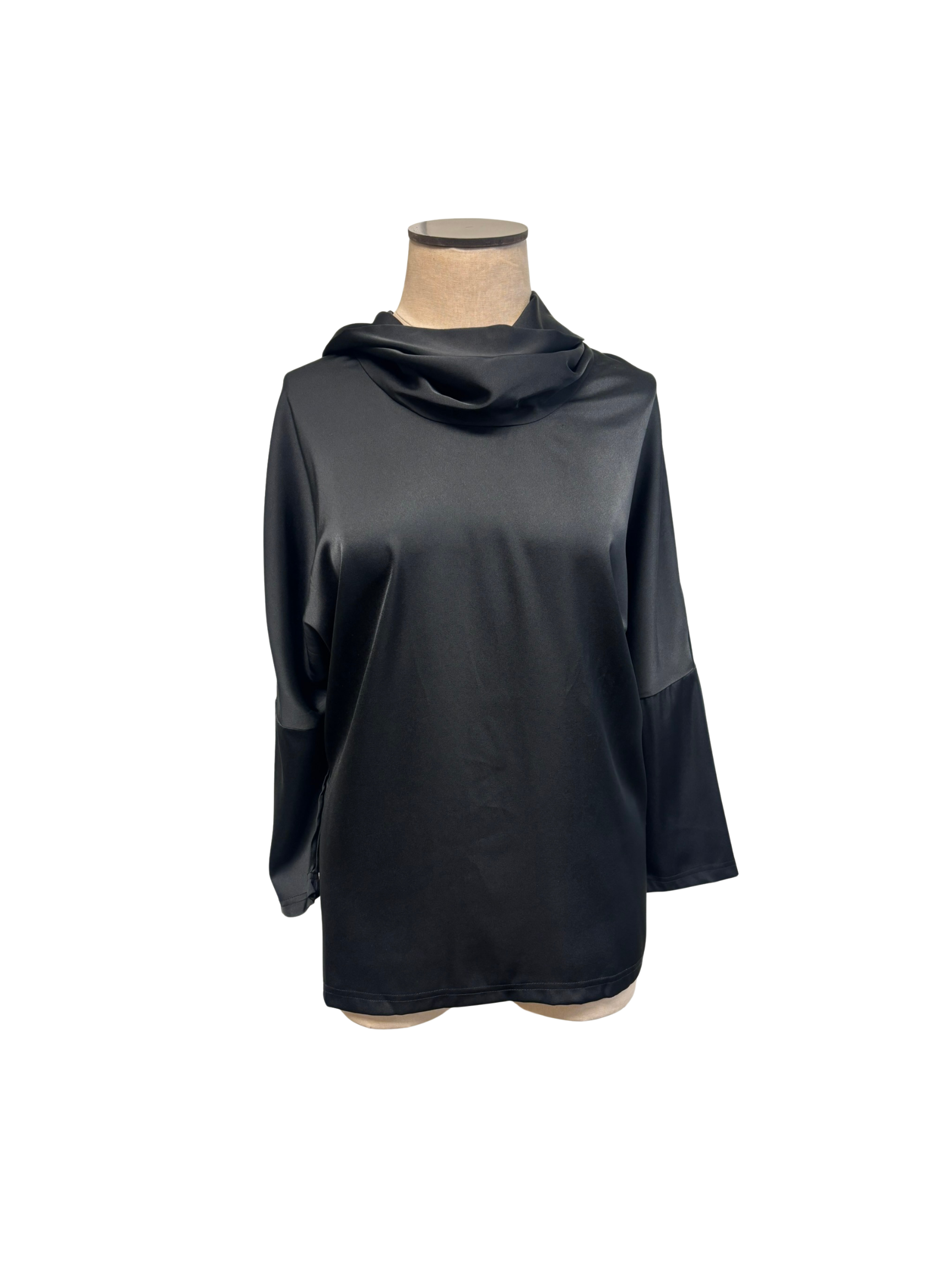 Black cowl-neck top on a mannequin against a white background