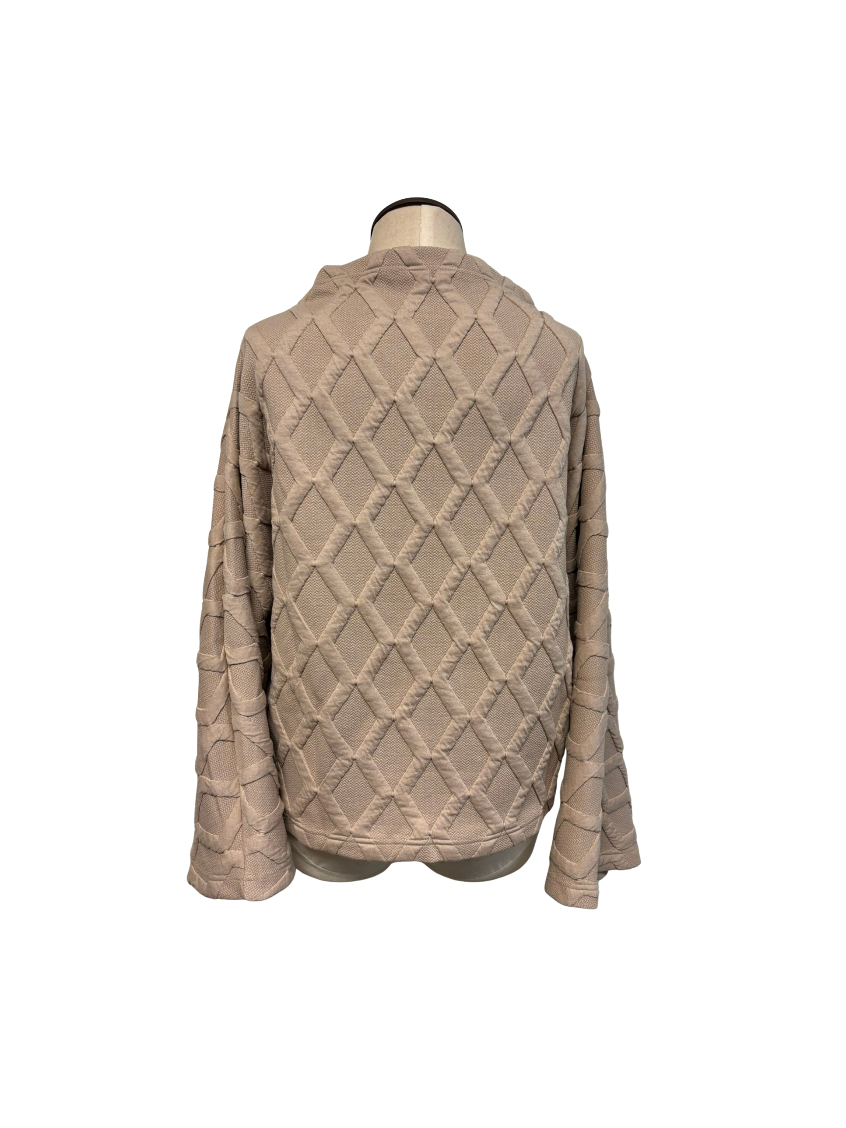 Beige quilted jacket on a mannequin against a white background