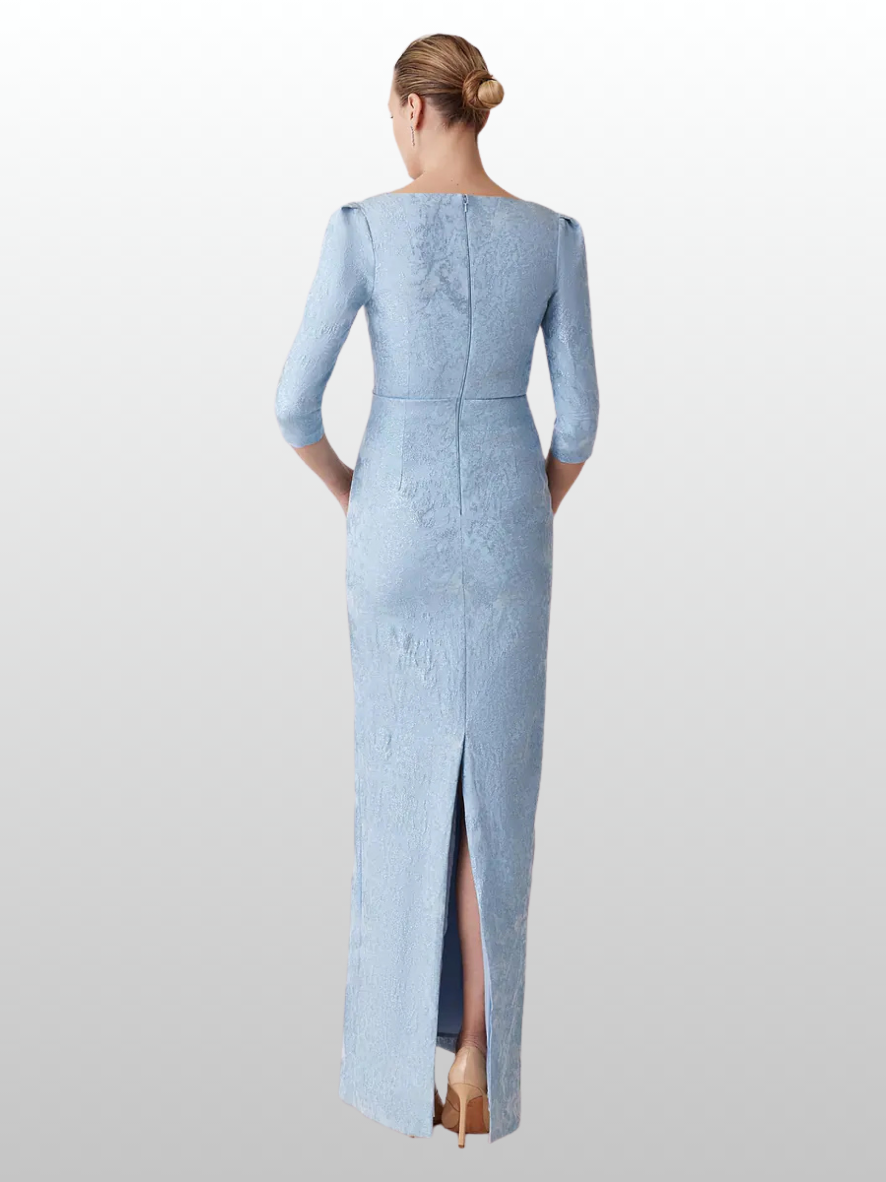 Teri Jon | Stretch Jacquard 3/4 Sleeve V Neck Ruched Gown