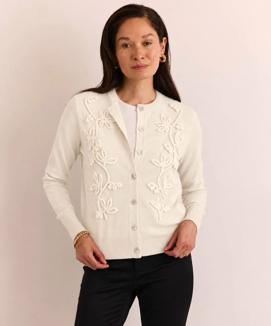 the h edition eggshell Long Sleeve Kaylee Embroidery Cardigan