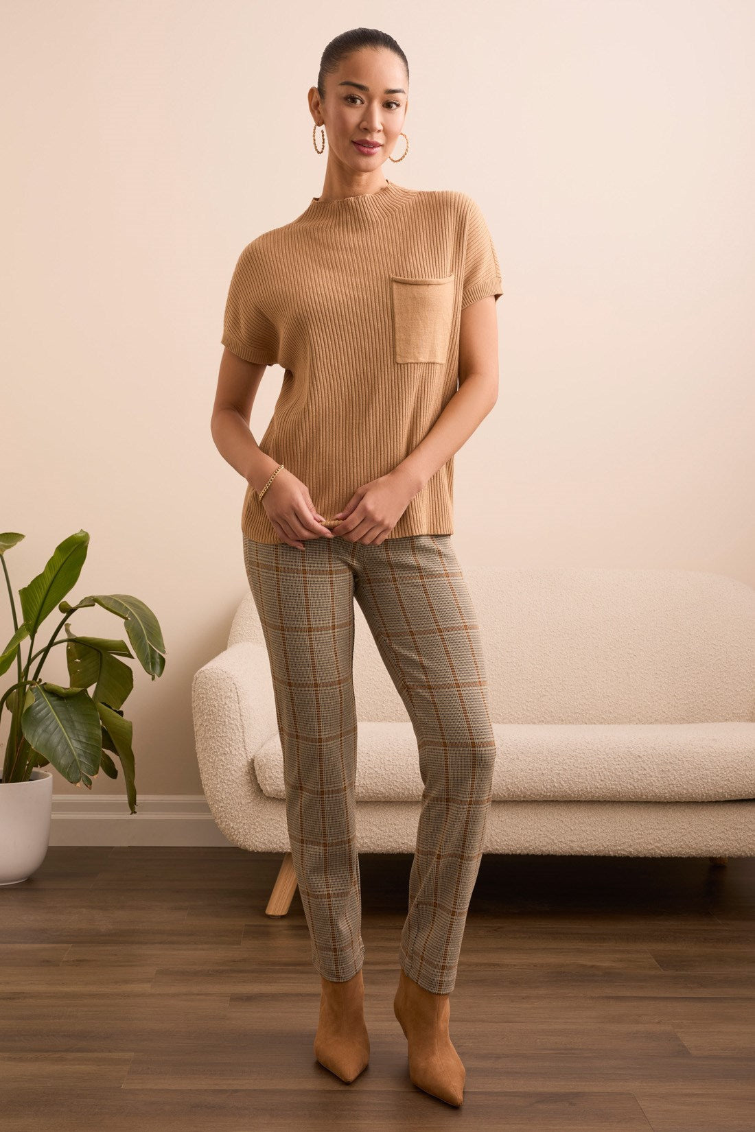 Tribal | Cotton Mock Neck Cap Short Sleeve Top