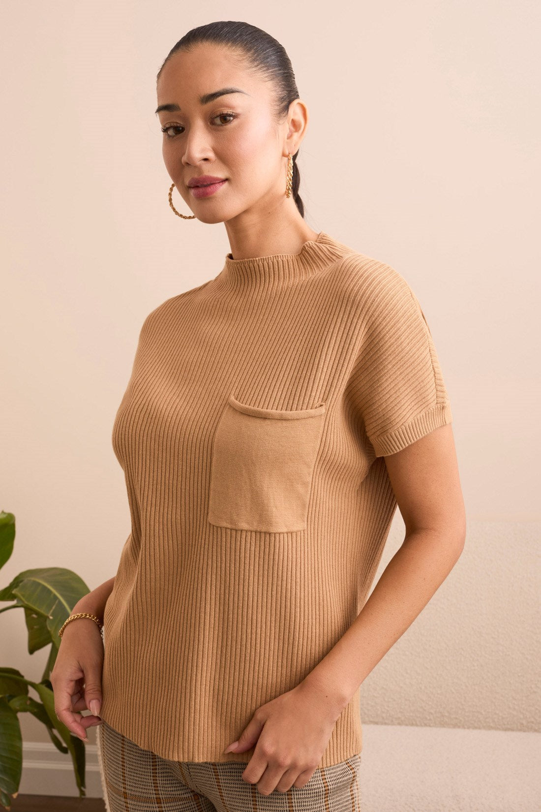 Tribal | Cotton Mock Neck Cap Short Sleeve Top