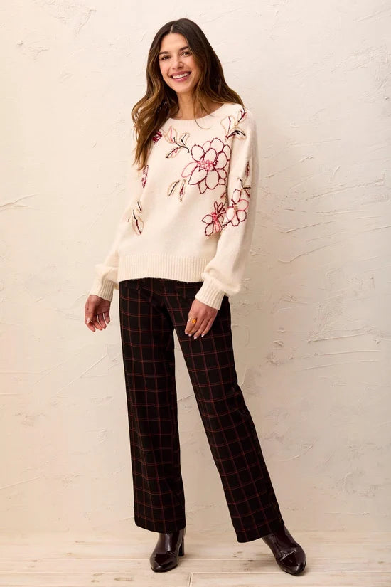tribal Eyelash floral Embroidered Long Sleeve Crew Neck Sweater