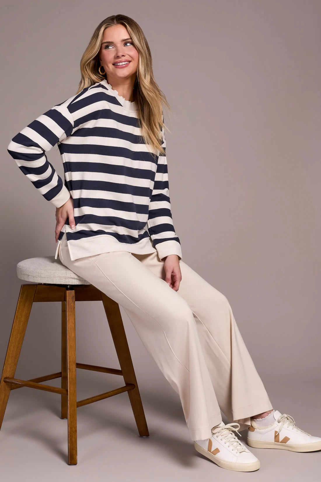 Tribal | French Terry Stitch-Accent Zip Funnel Neck Sweater