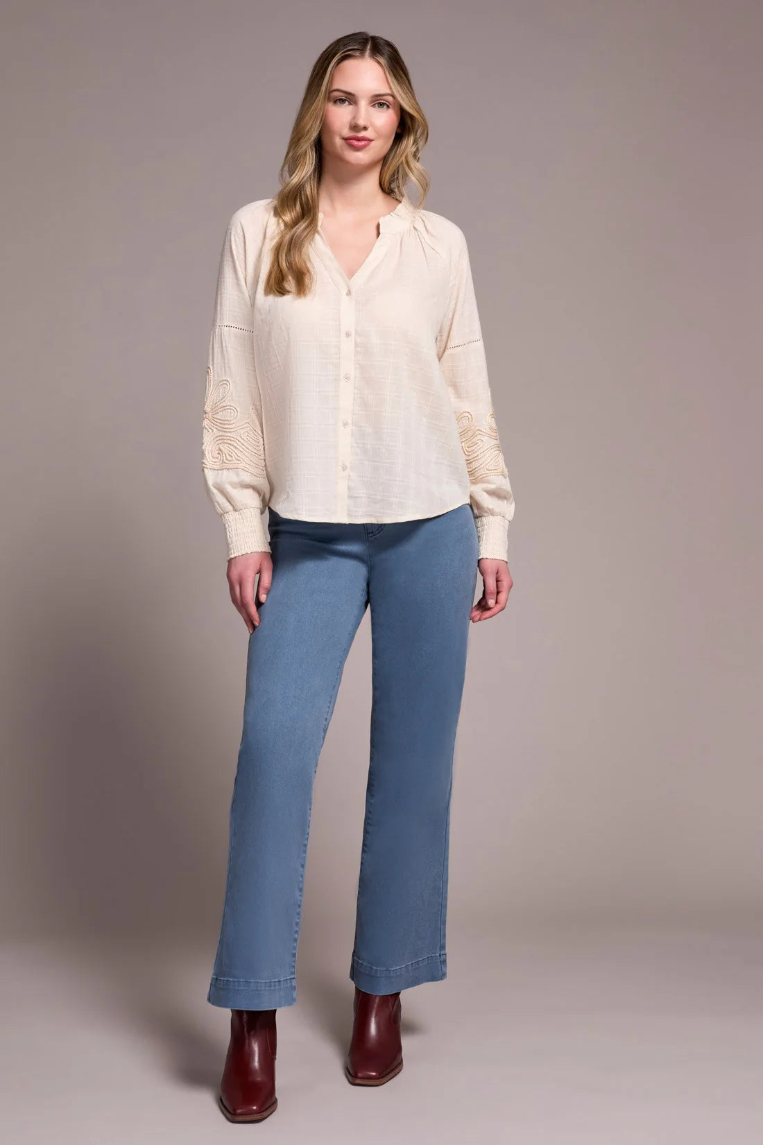 Tribal |Jaquard Appliqué-Sleeve Notch Neck Blouse