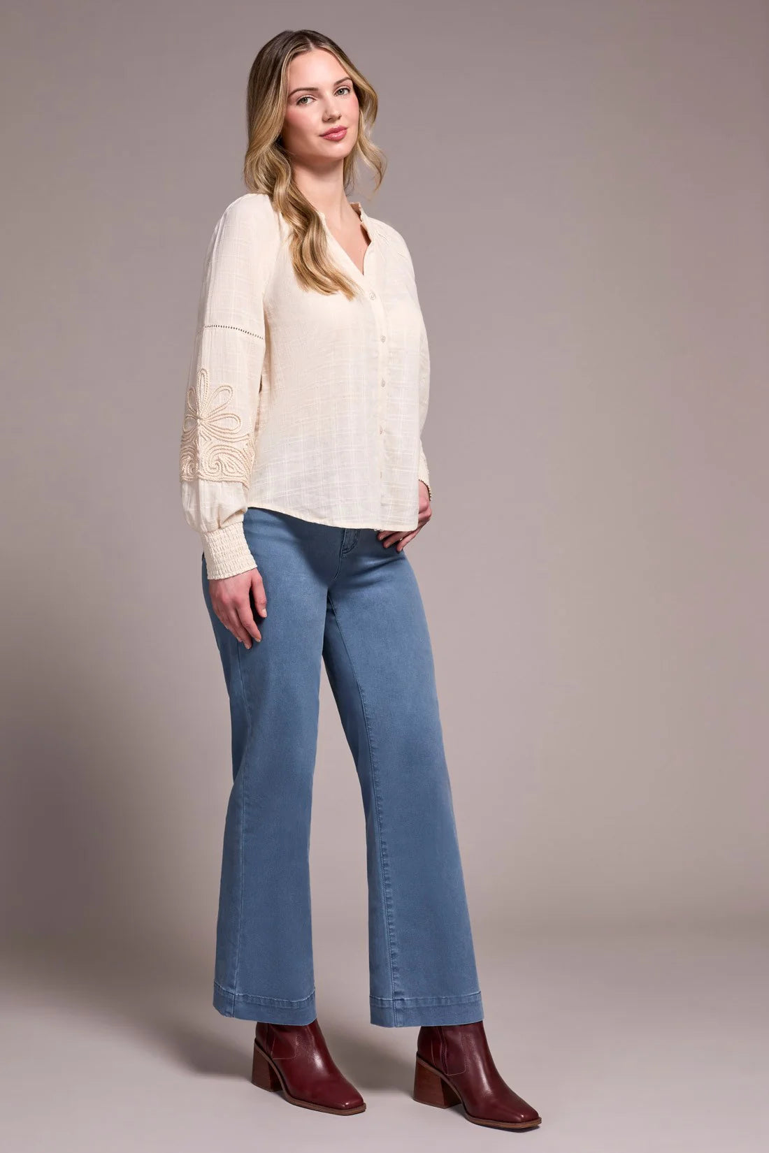 Tribal |Jaquard Appliqué-Sleeve Notch Neck Blouse
