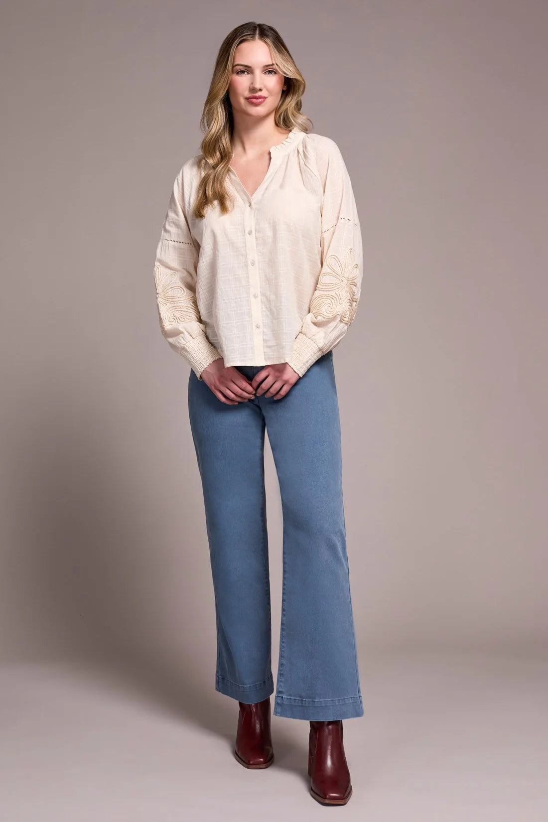 Tribal |Jaquard Appliqué-Sleeve Notch Neck Blouse