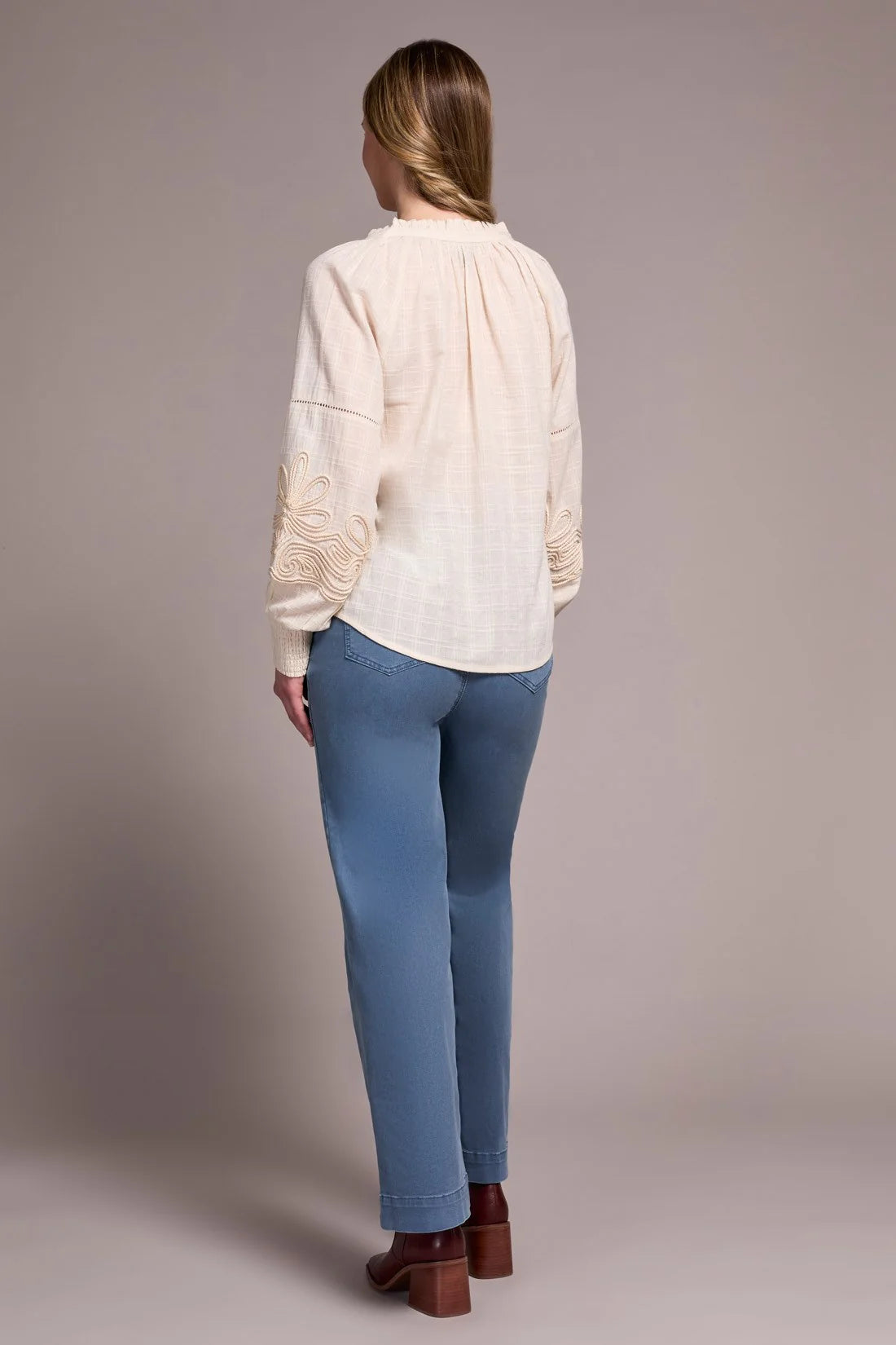 Tribal |Jaquard Appliqué-Sleeve Notch Neck Blouse