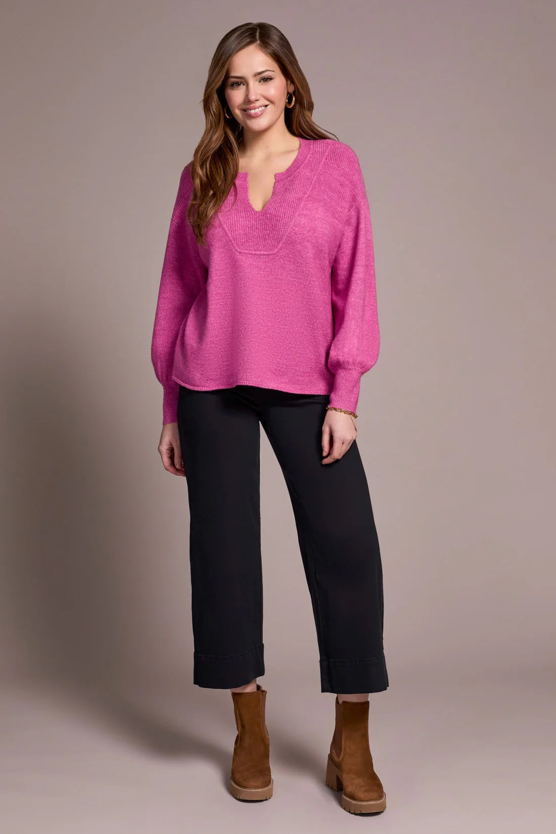 Tribal | Mandarin Collar Long Puff Sleeve Sweater