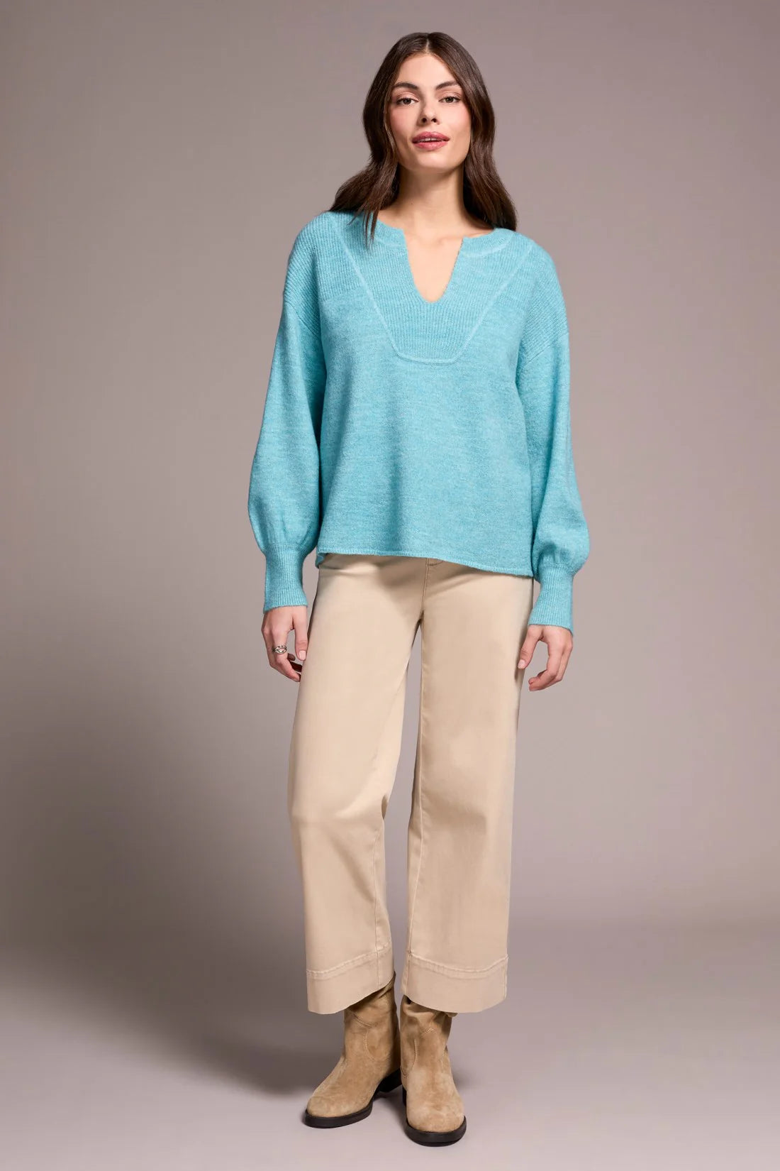 Tribal | Mandarin Collar Long Puff Sleeve Sweater