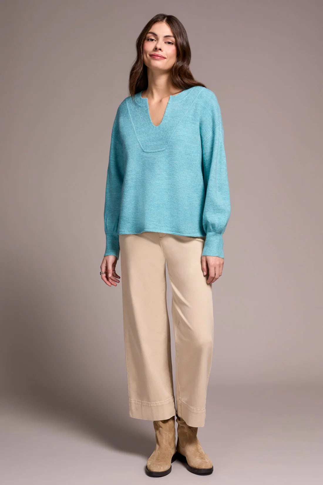 Tribal | Mandarin Collar Long Puff Sleeve Sweater