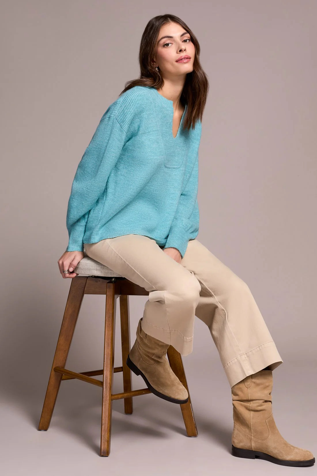 Tribal | Mandarin Collar Long Puff Sleeve Sweater