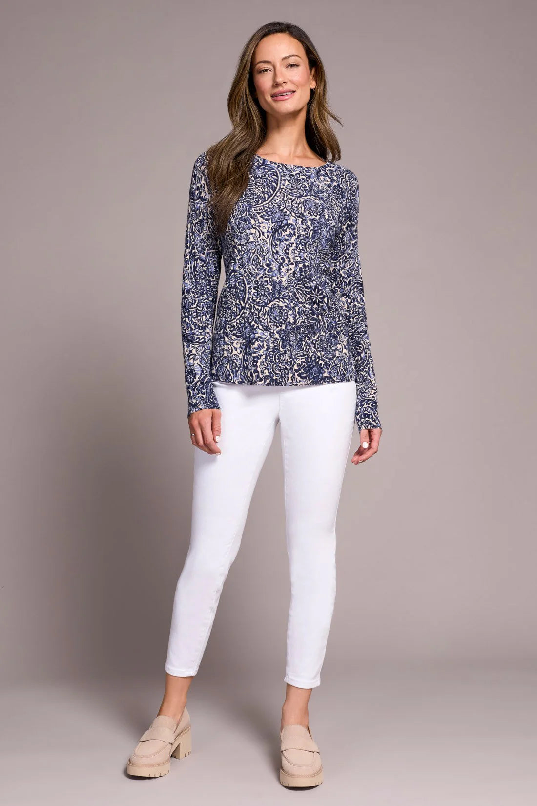 Tribal | Printed Cable Cotton Crew Neck Sweater