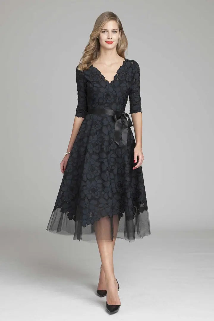 teri jon lace dress Teri Jon By Rickie Freeman Women's Knit Fit-and-Flare Lace Trim Dress - Pink - Size S