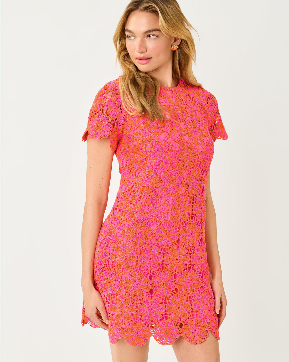 Cortney Crochet Shift Dress - Cherry Blossom Pink X Sunset Orange Full Bloom